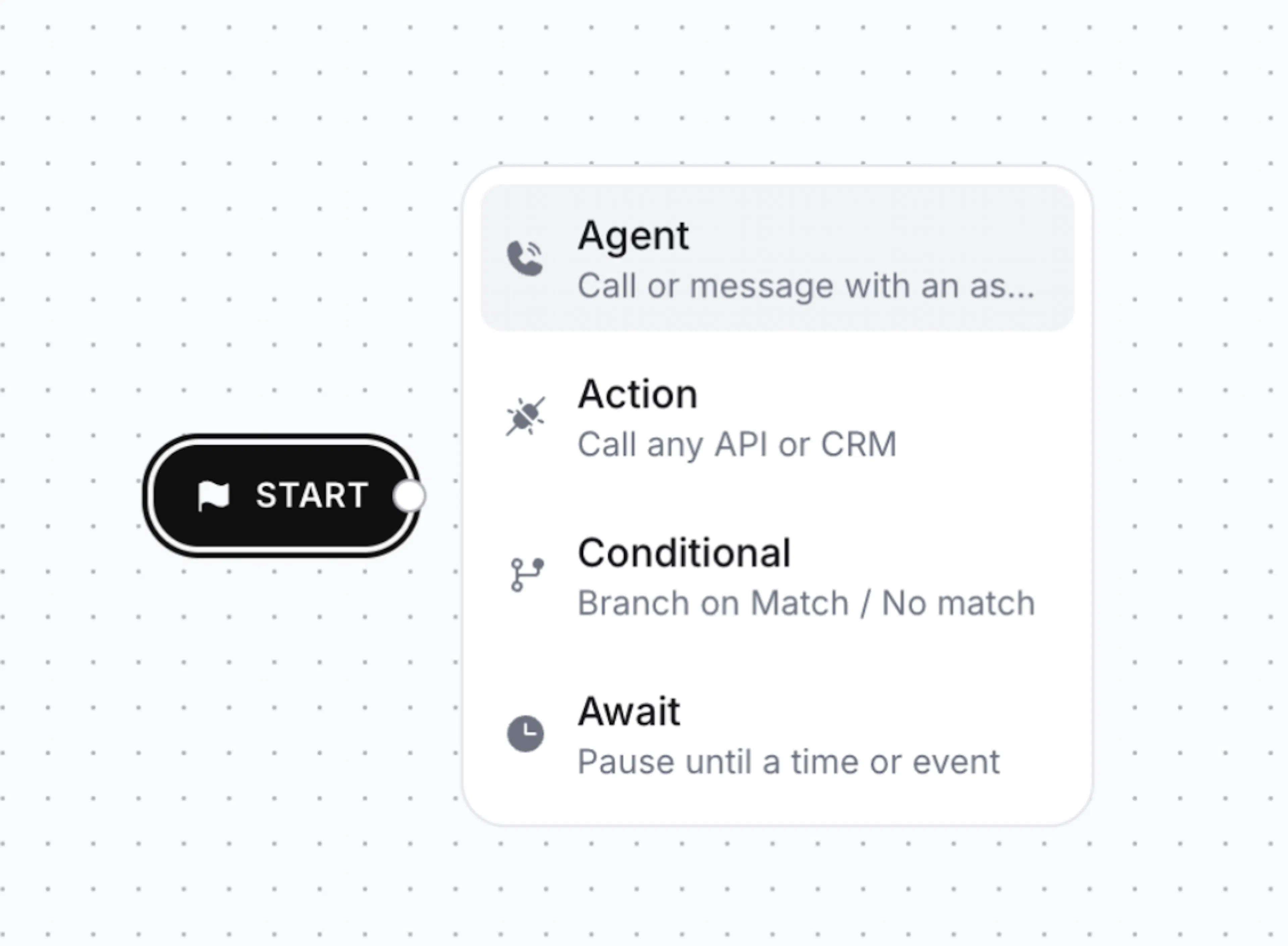 Choose from Agent, Action, Conditional, and Await blocks