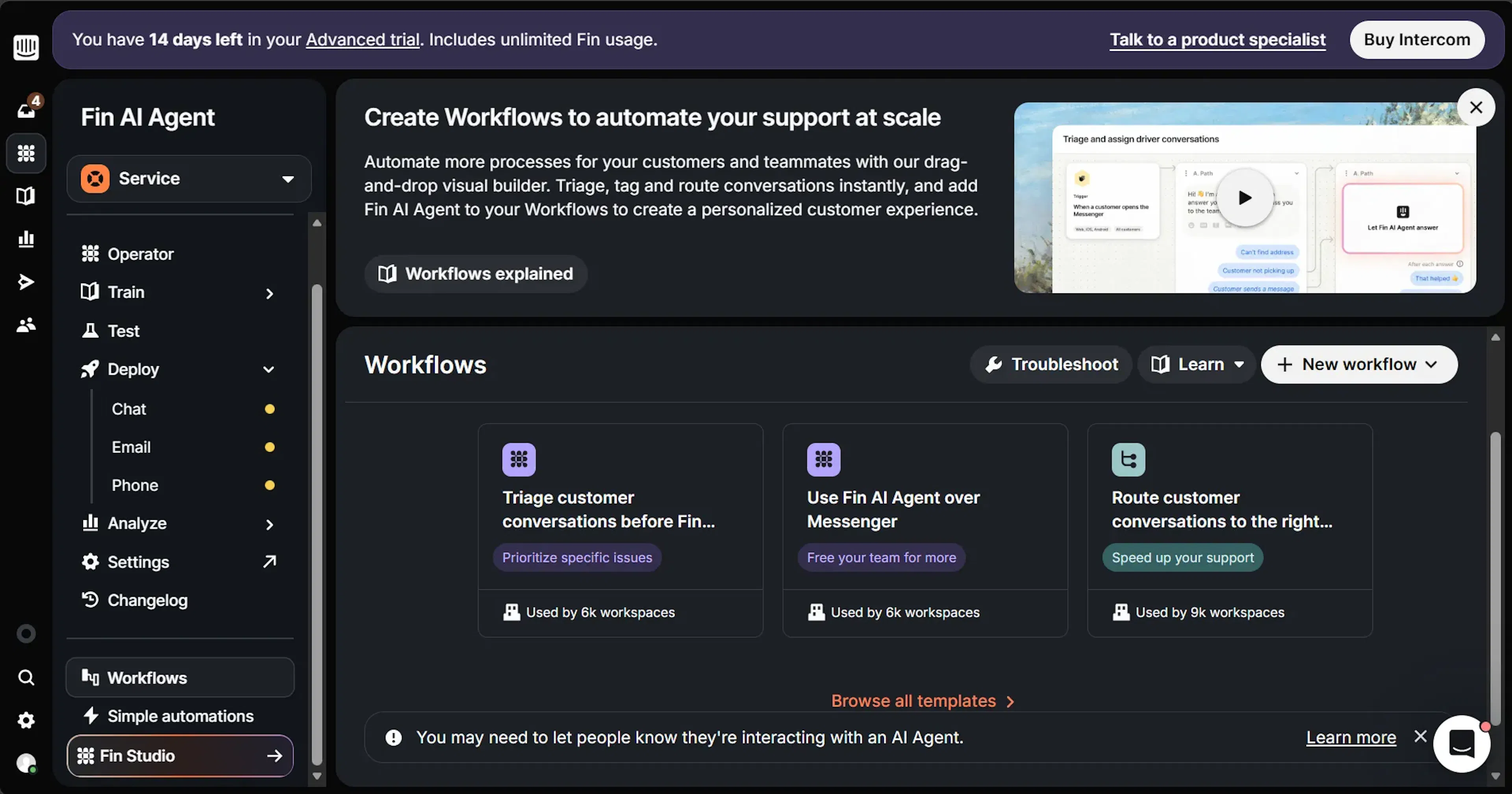  Intercom Fin AI agent interface screenshot