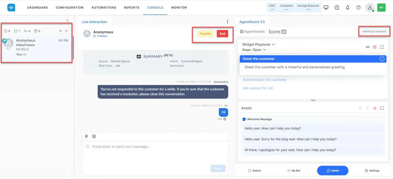 Agent AI widget of Kore AI