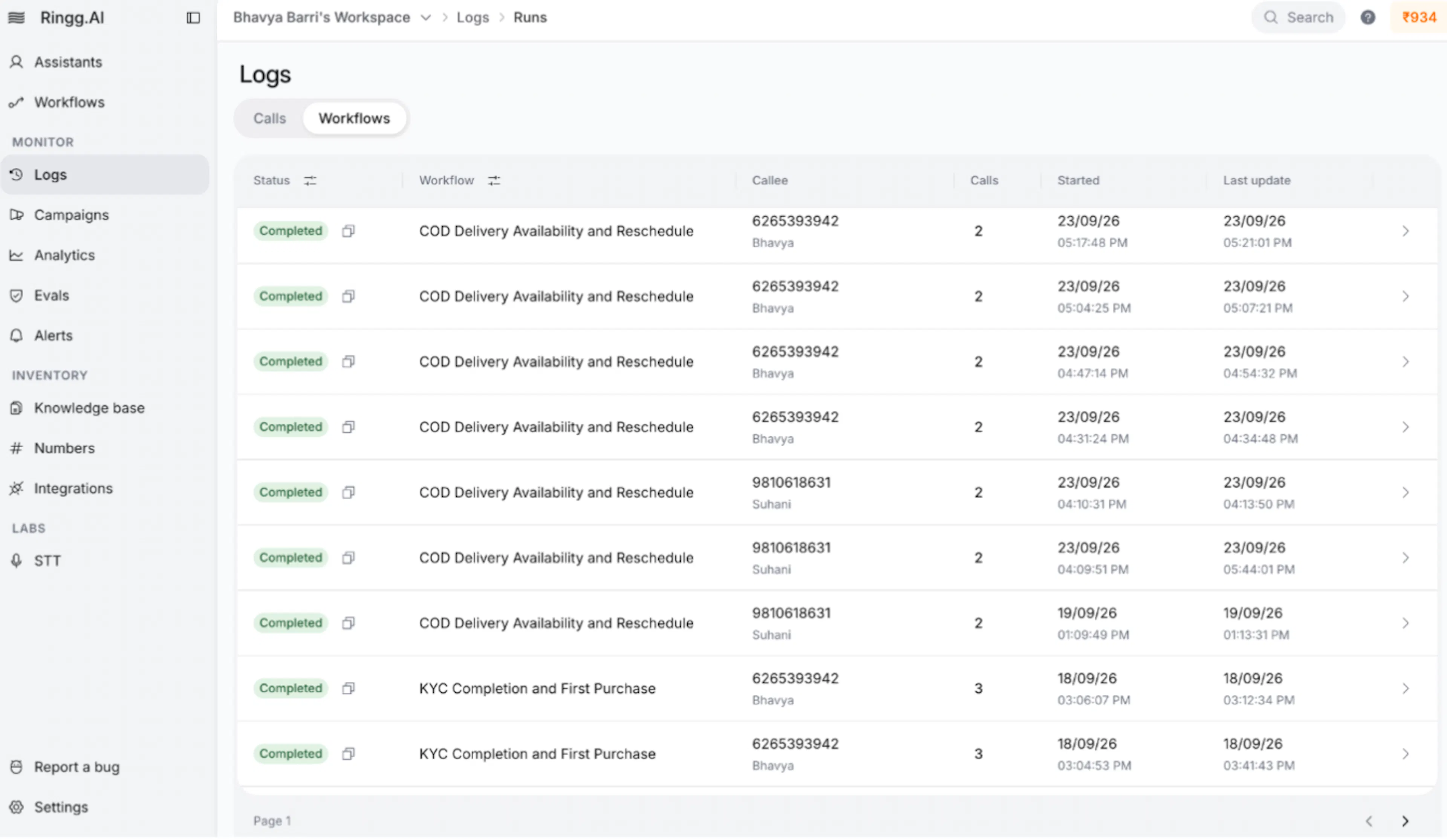 Monitor workflow runs, statuses, call counts, and timestamps from Logs