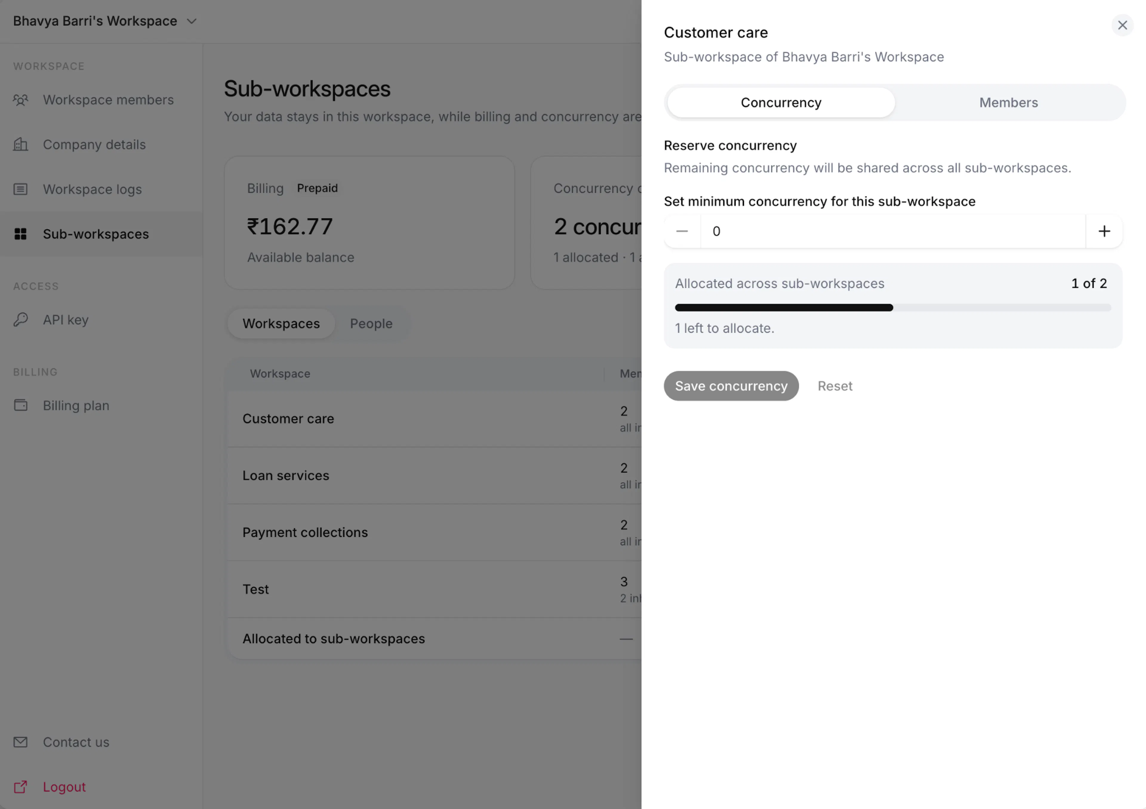Set minimum concurrency and shared calling capacity for a Ringg Space