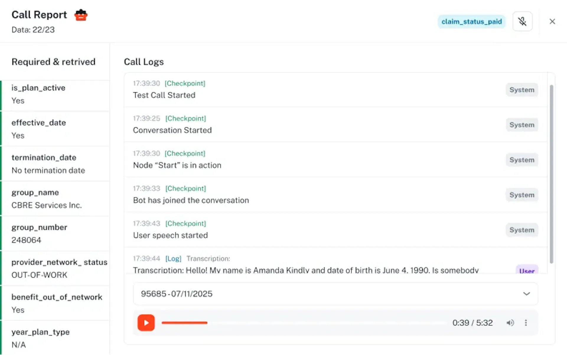 A sample call report in Prosper AI