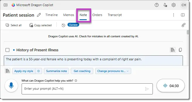 Microsoft Dragon Copilot dashboard