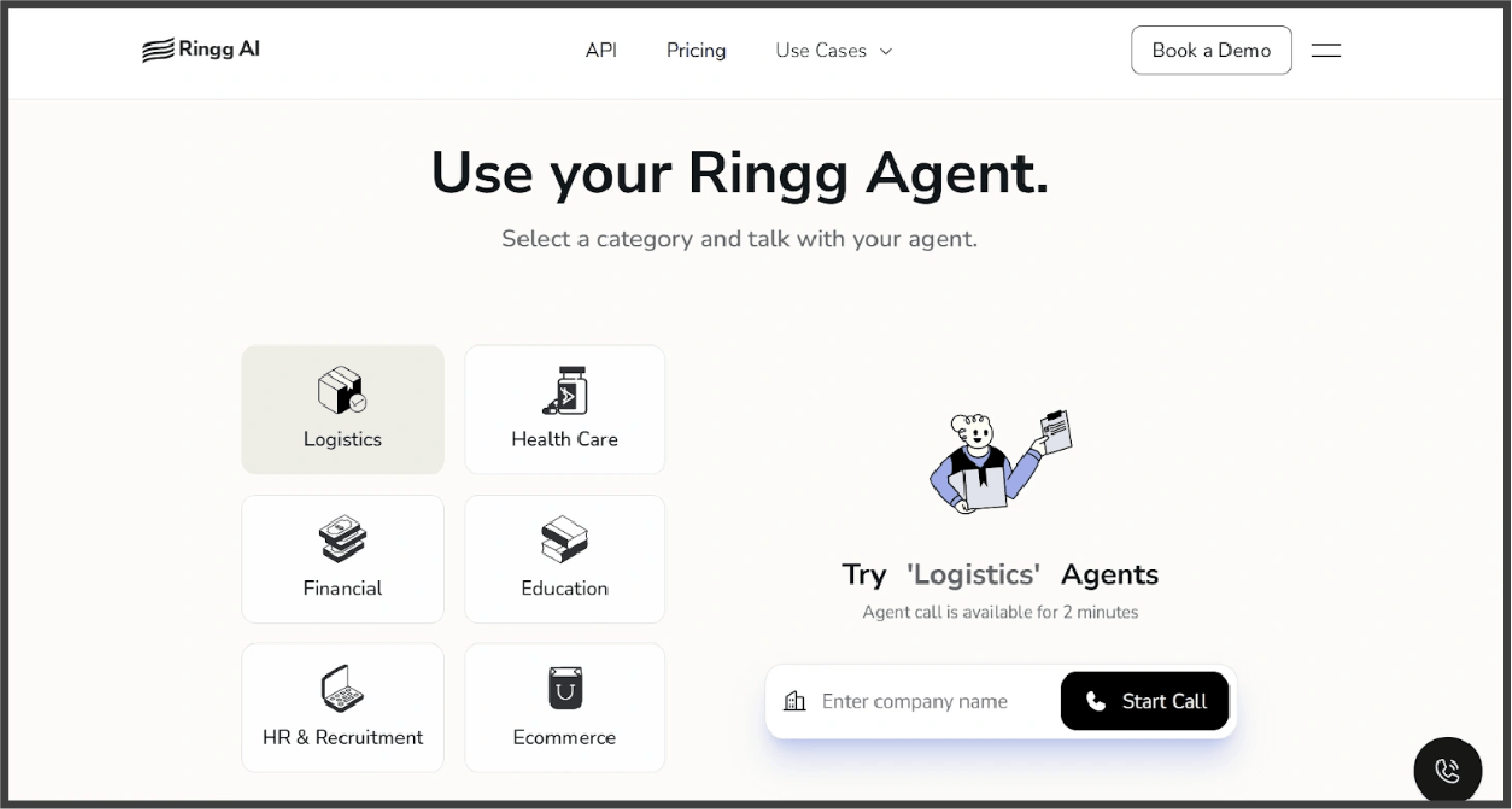 Ringg AI voice agent website