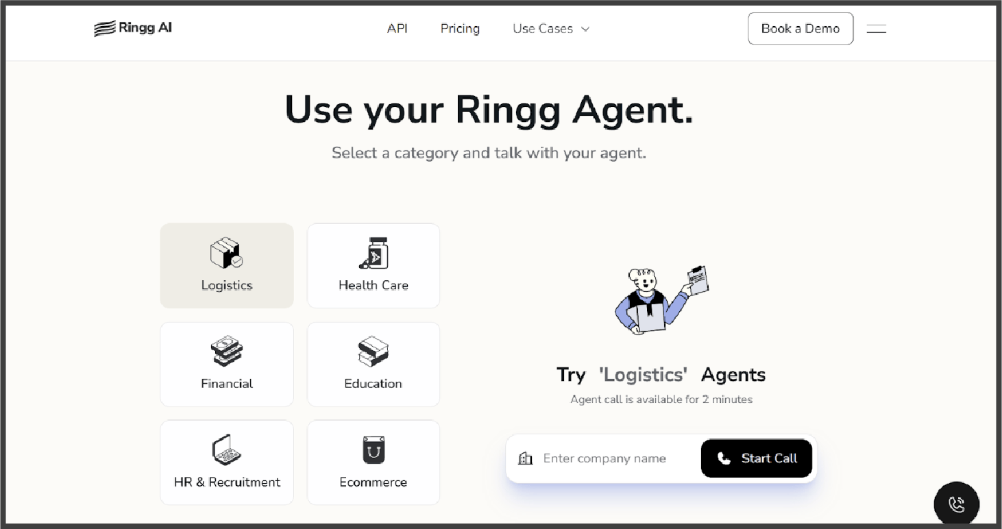 Screenshot of Ringg AI homepage