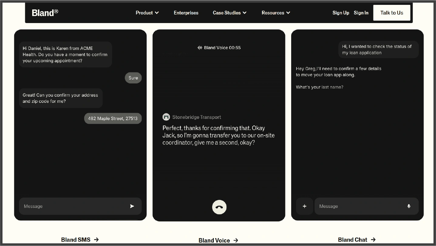 Screenshot of Bland AI website homepage showing developer tools