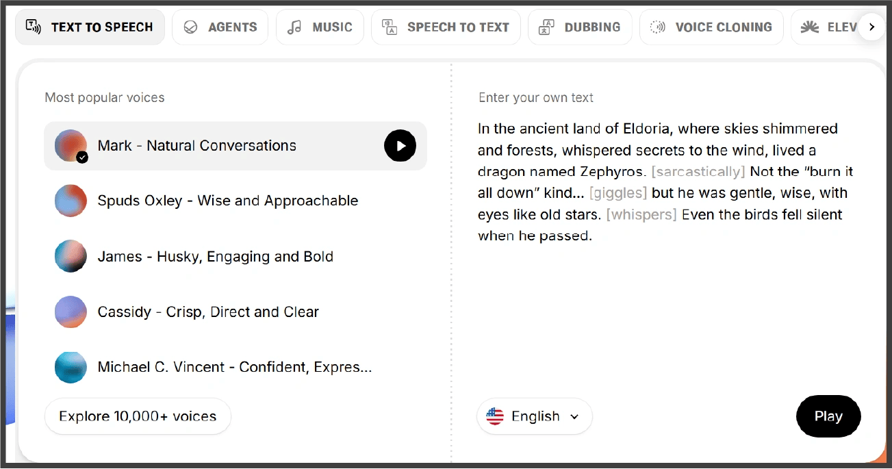 Screenshot of ElevenLabs voice generation library