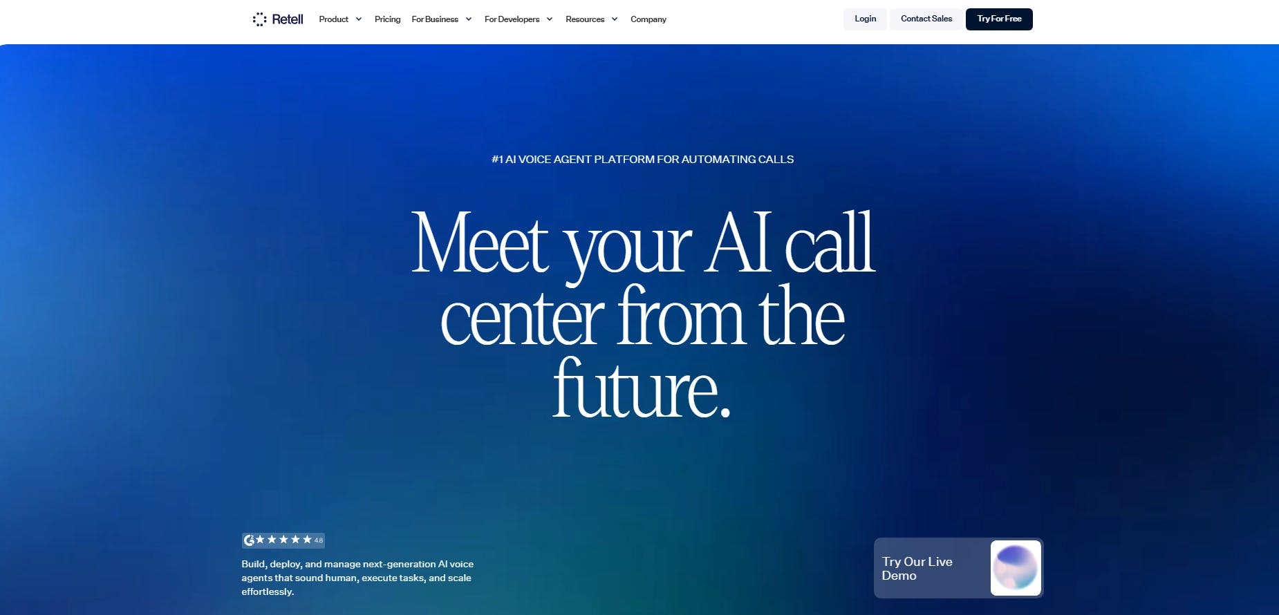 Home page of Retell AI