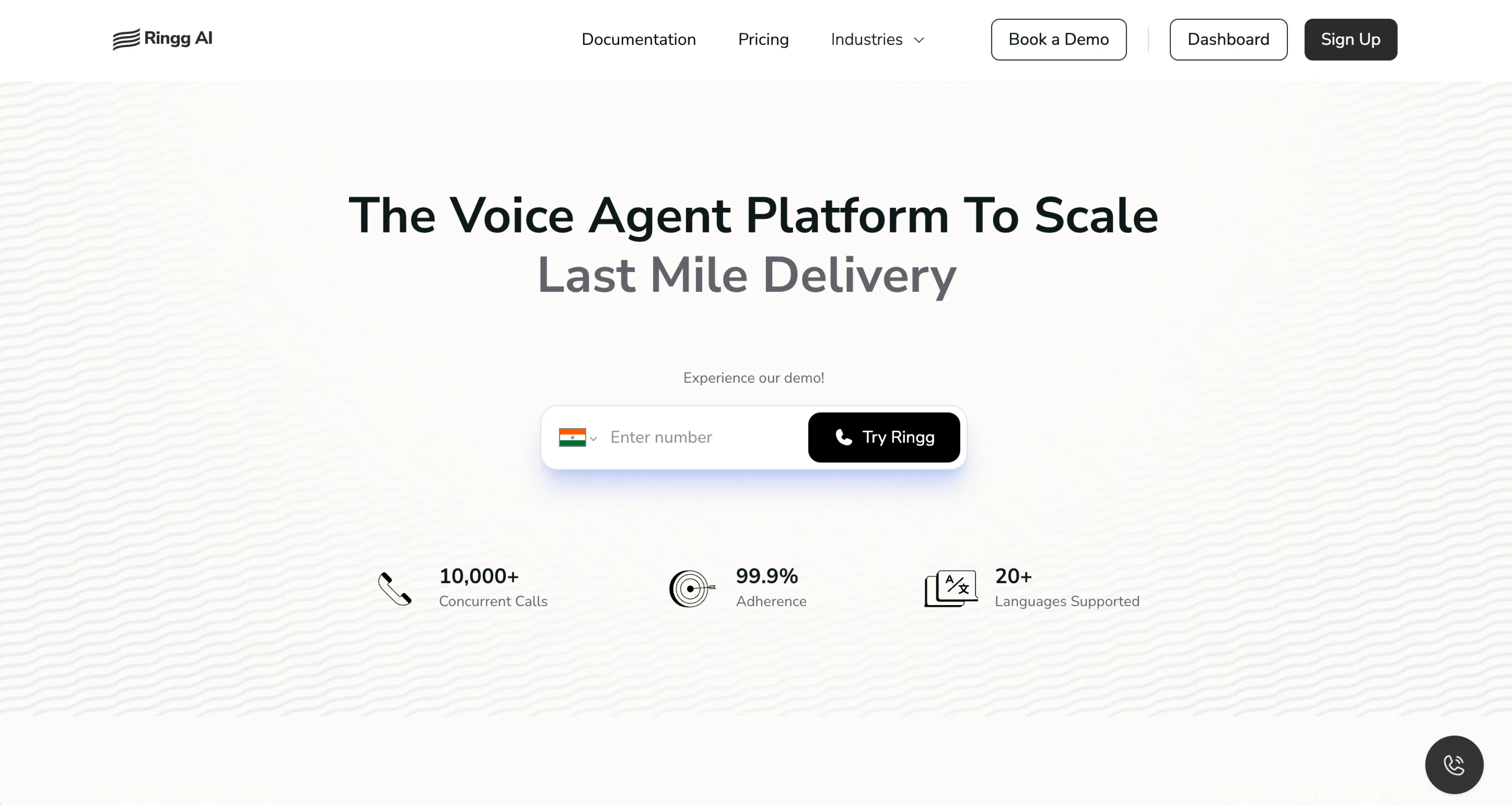 Ringg AI voice agent website