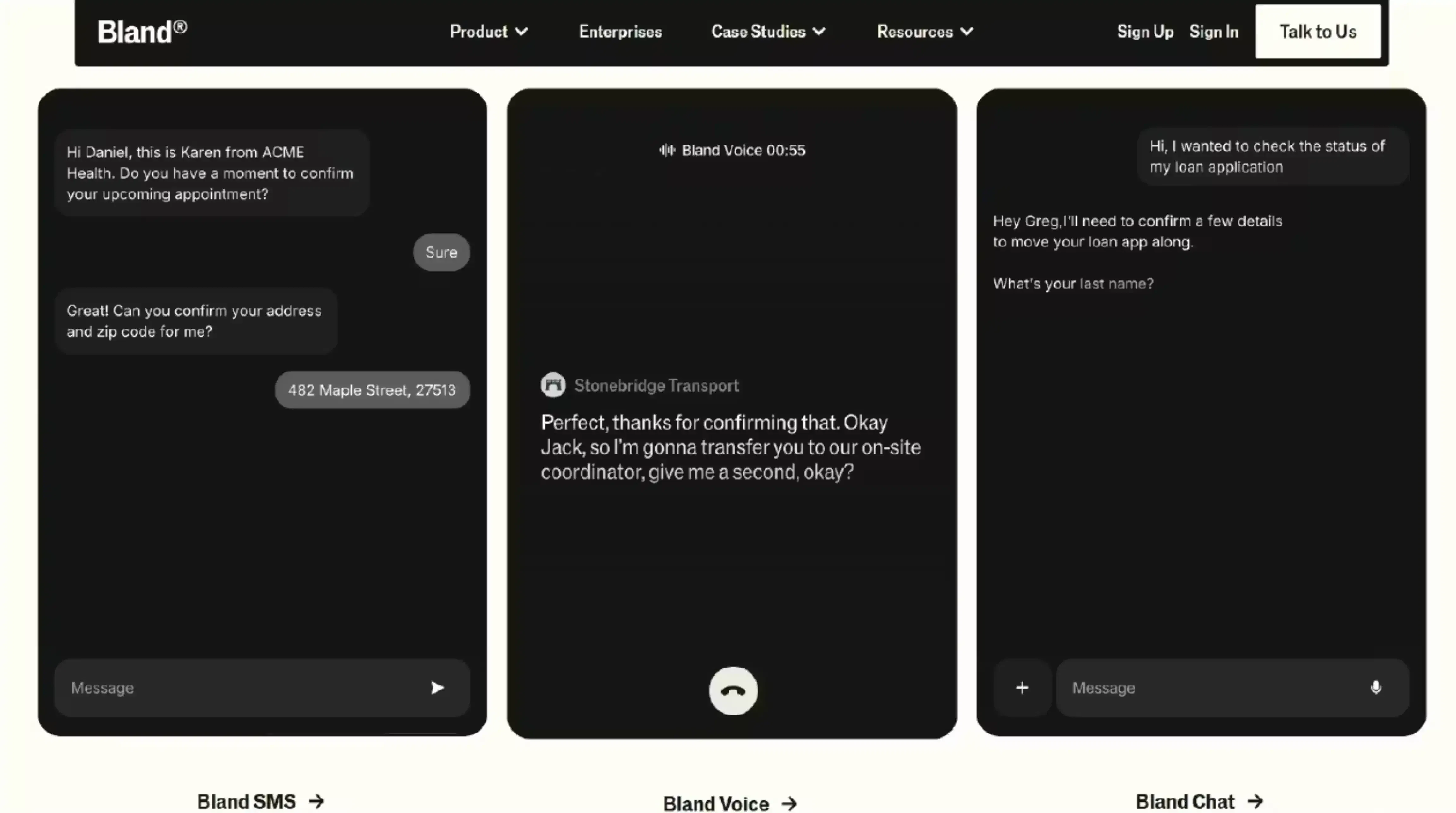 Bland AI website homepage showing developer tools
