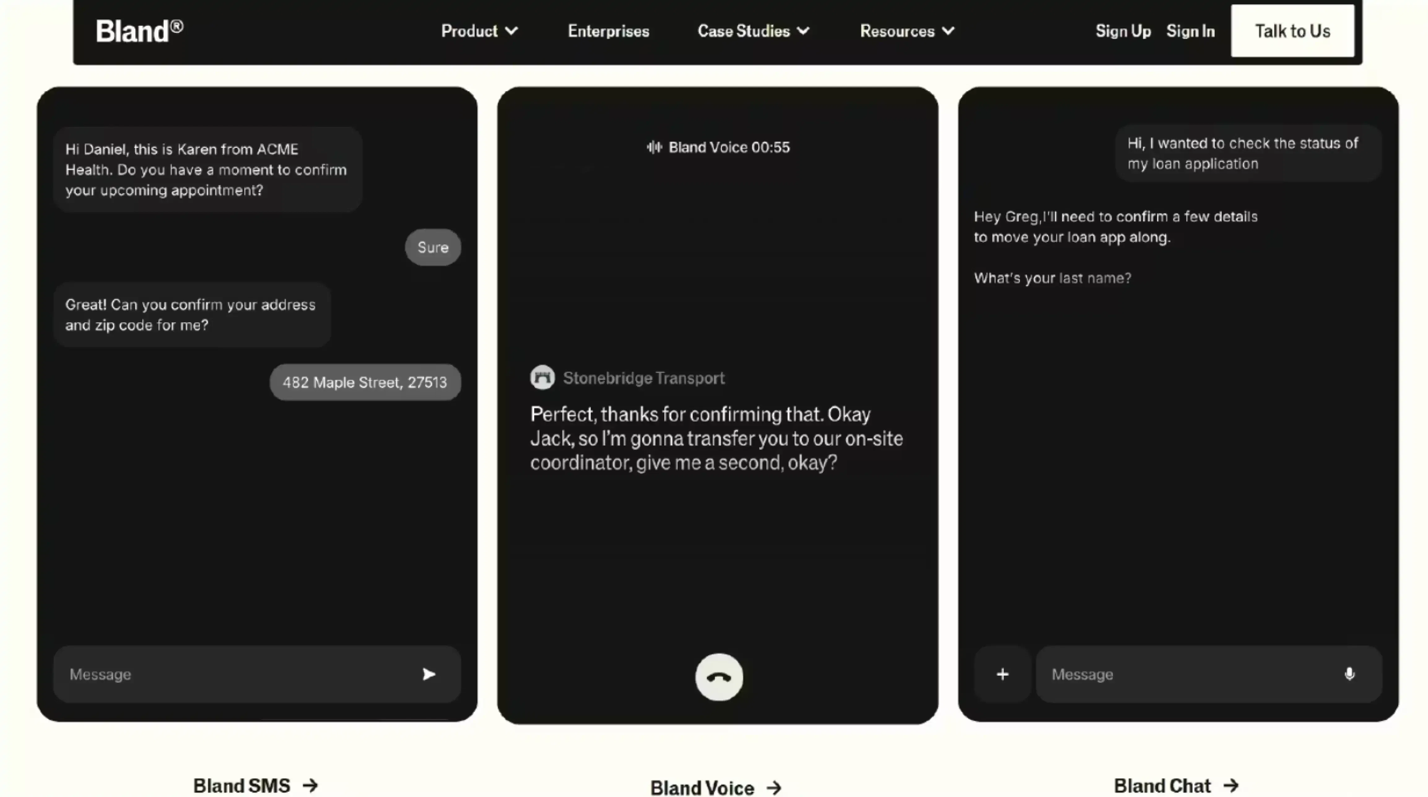 Screenshot of Bland AI website homepage showing developer tools