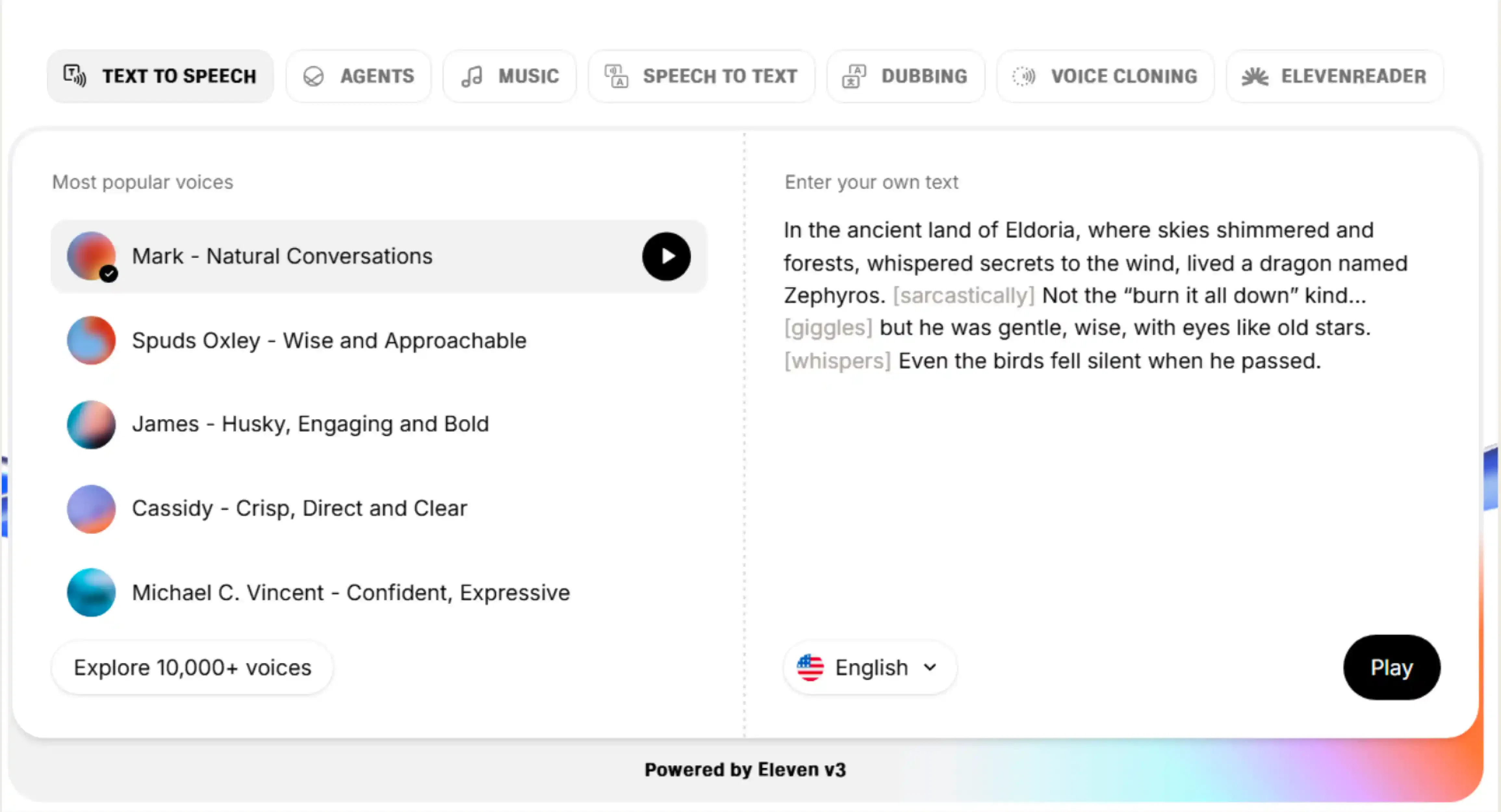 Screenshot of ElevenLabs voice generation library