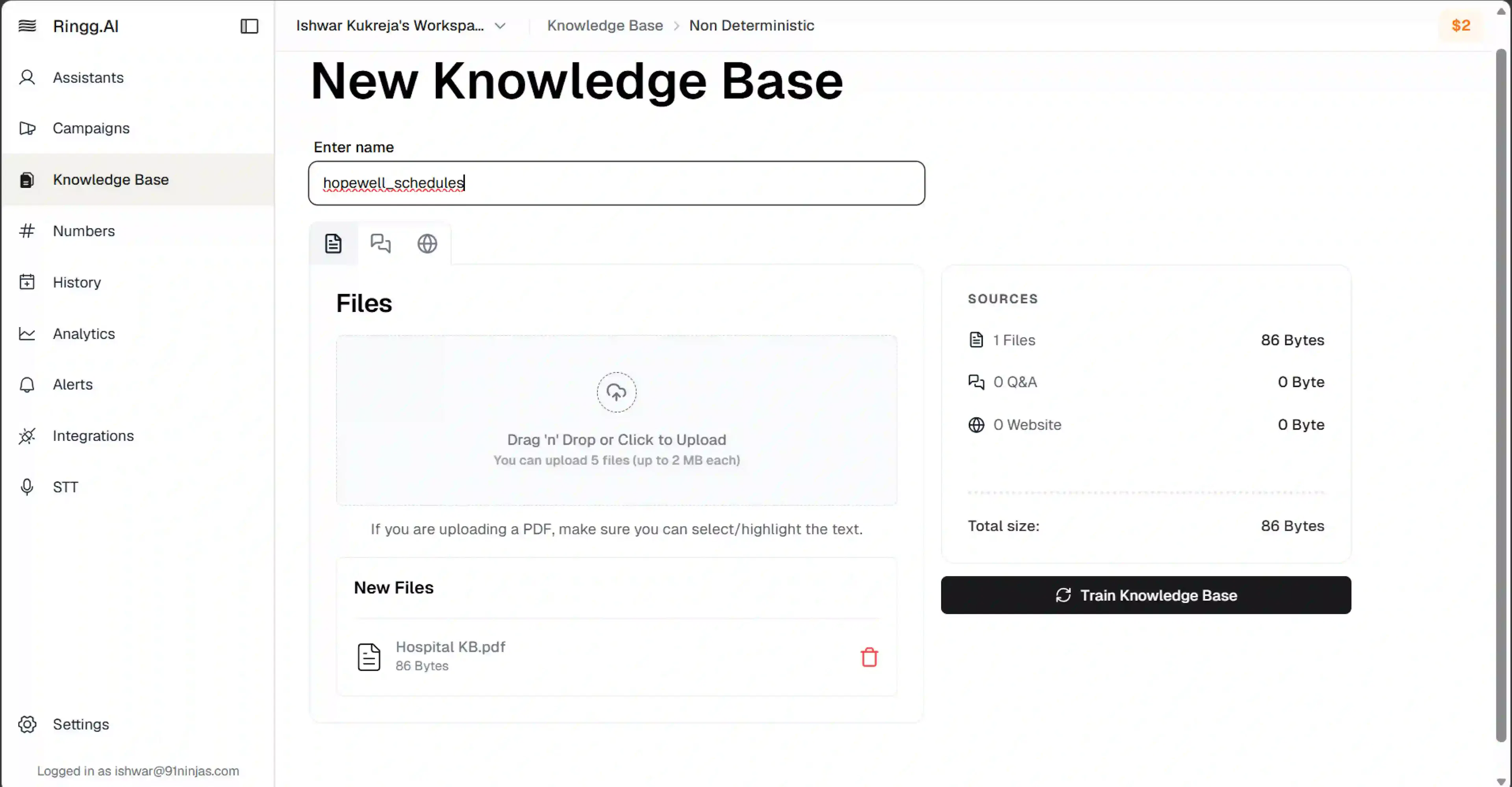 Uploading a knowledge base in Ringg AI and training it