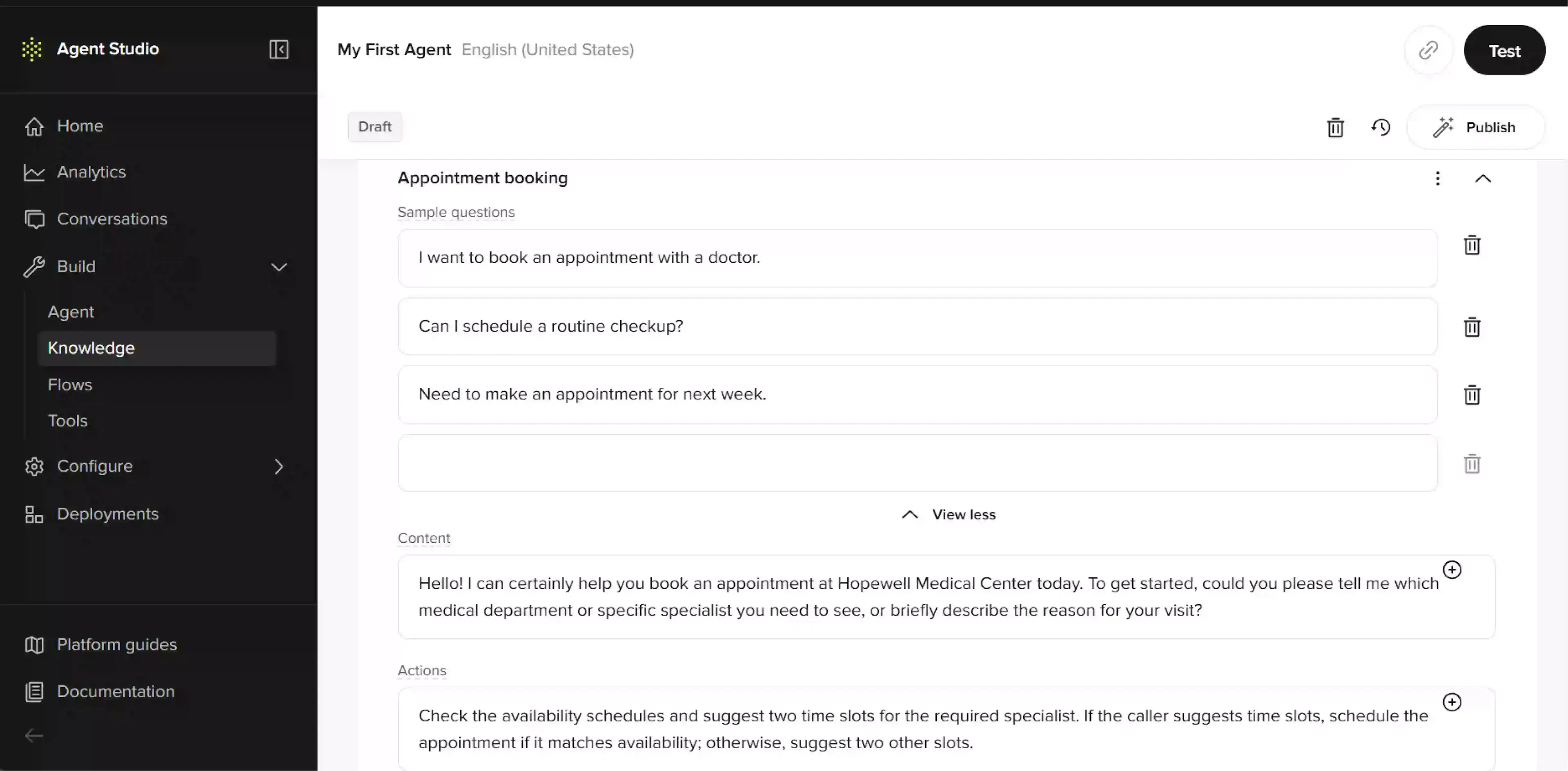 Manually entering sample questions, their content, and associated actions in PolyAI