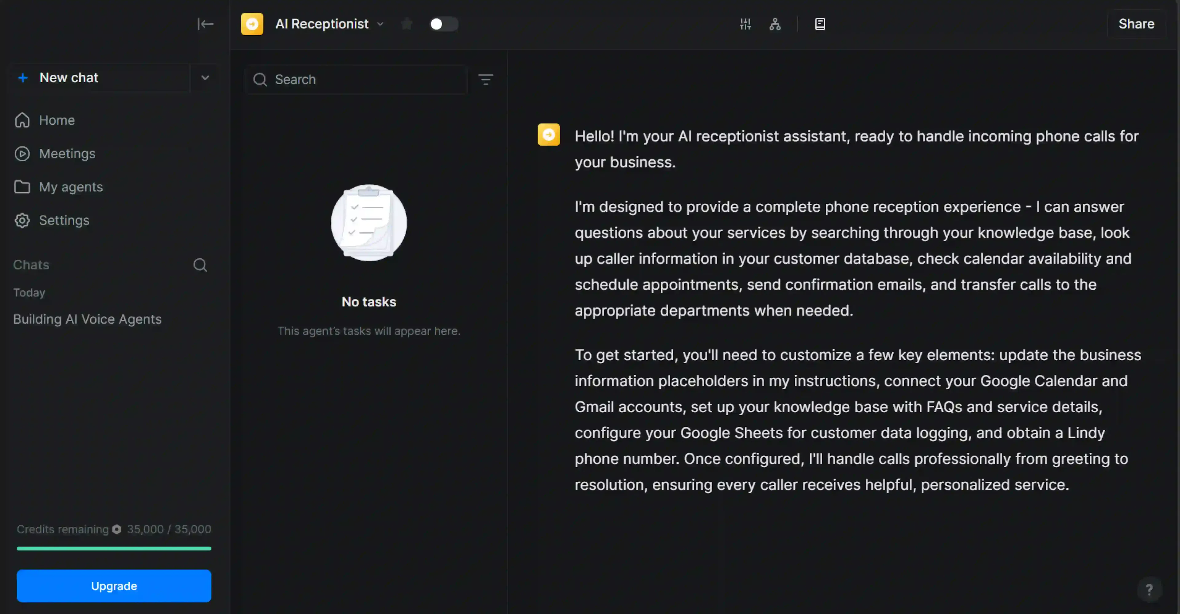 Creating an AI receptionist on Lindy AI