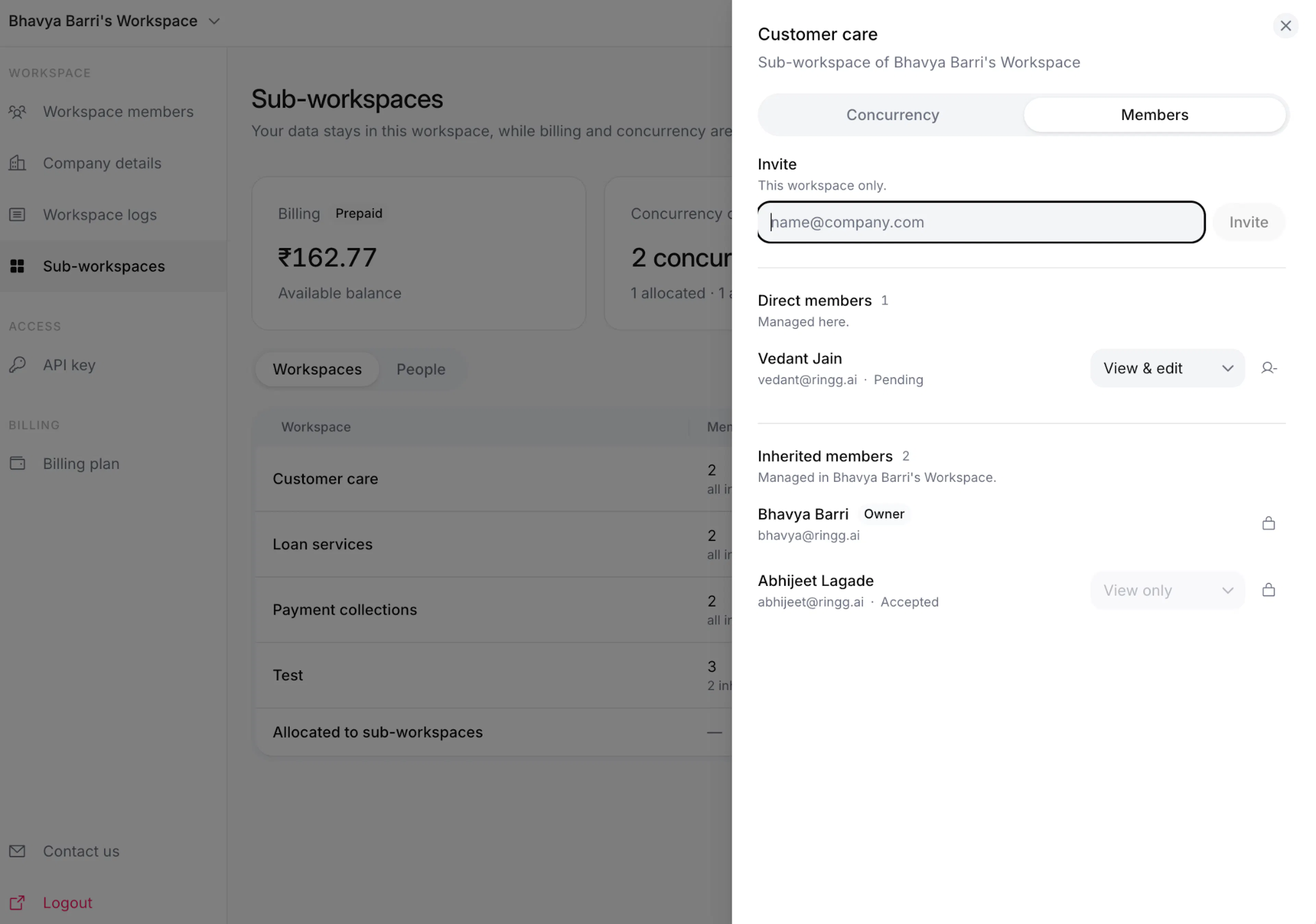 Manage direct and inherited members for a Ringg Space