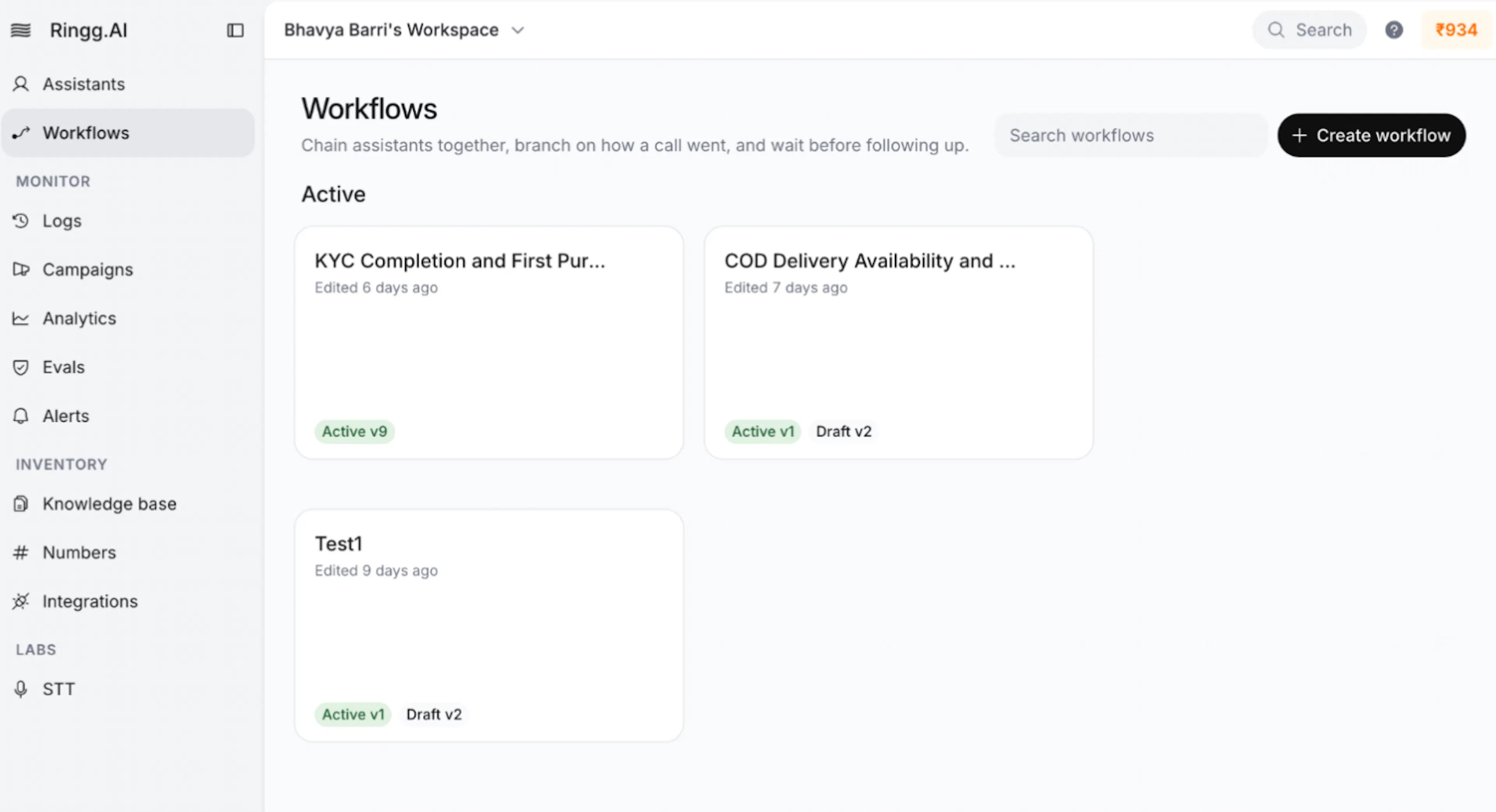 Create and manage workflows from the Ringg dashboard