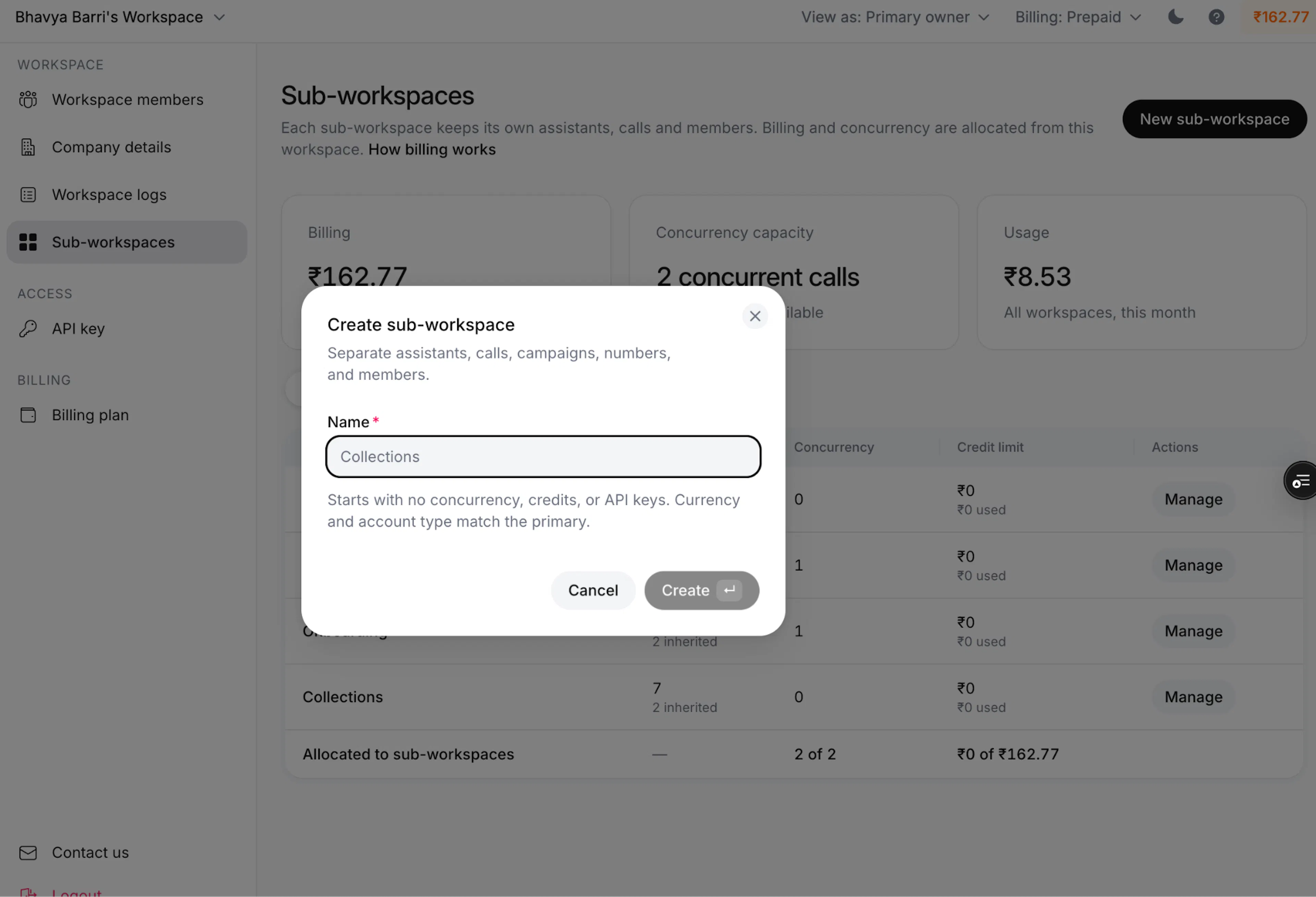 Create a new Ringg Space from the Sub-workspace page