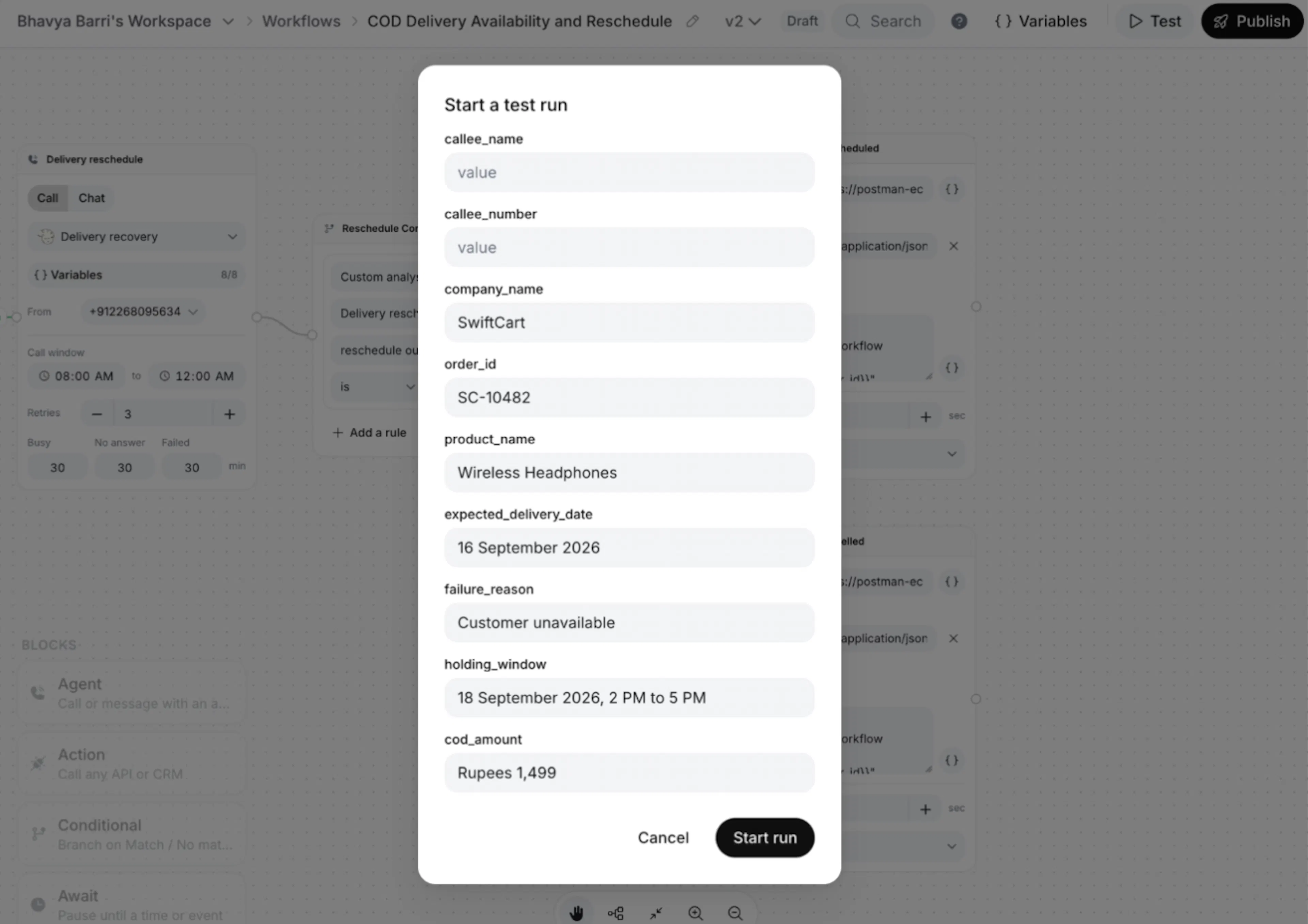 Test the workflow with sample starting variables before publishing