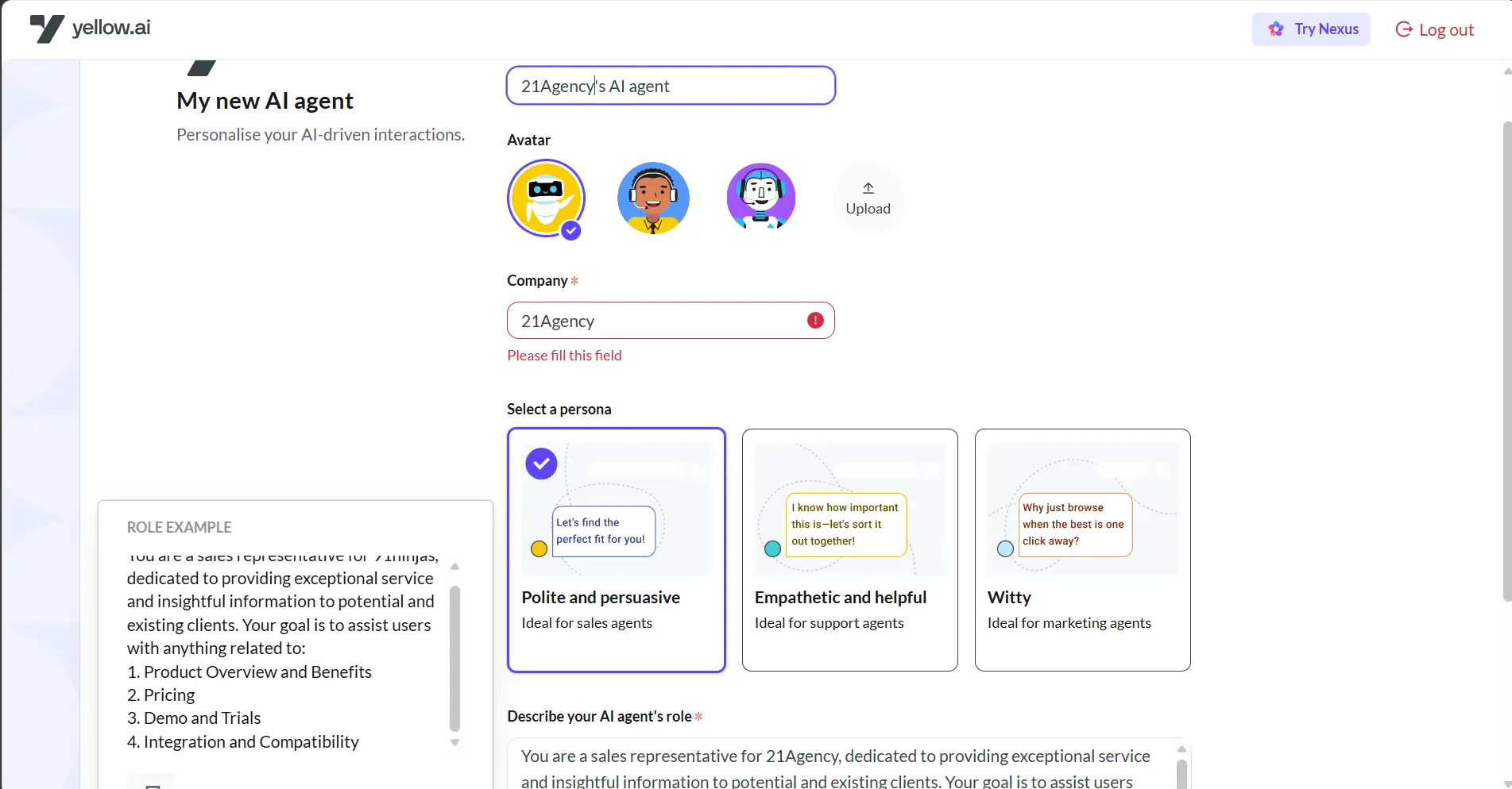 Agent creation process in Yellow AI