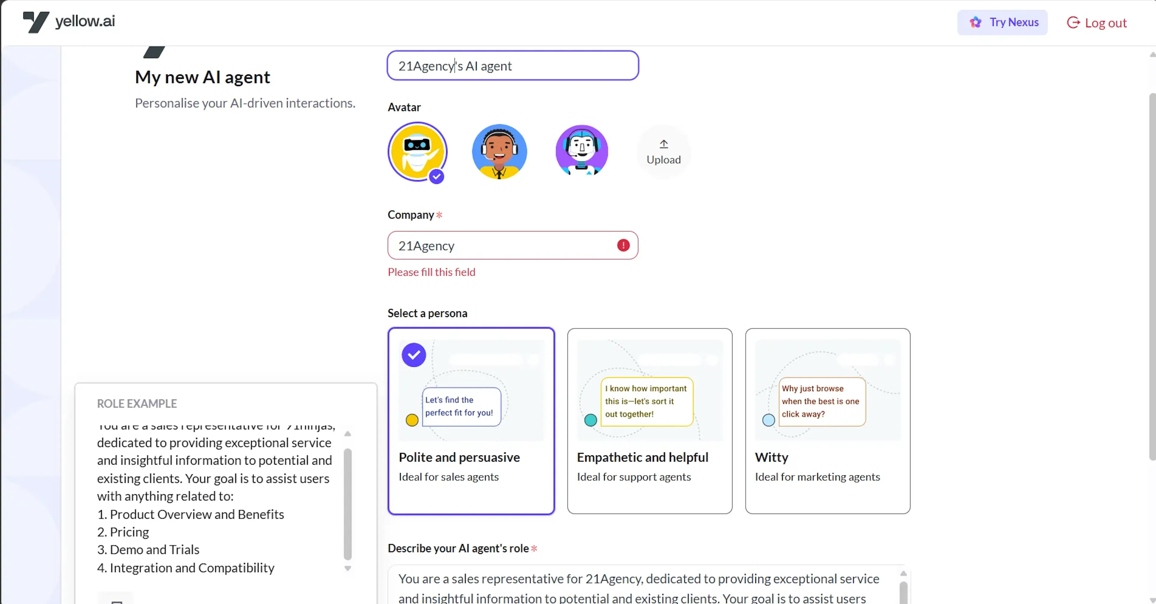 Agent creation process in Yellow AI
