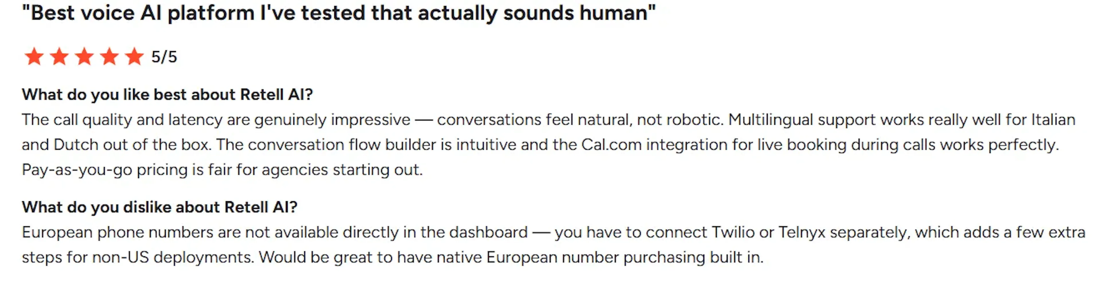 A user review in G2 highlighting the difficulty in configuring regional numbers
