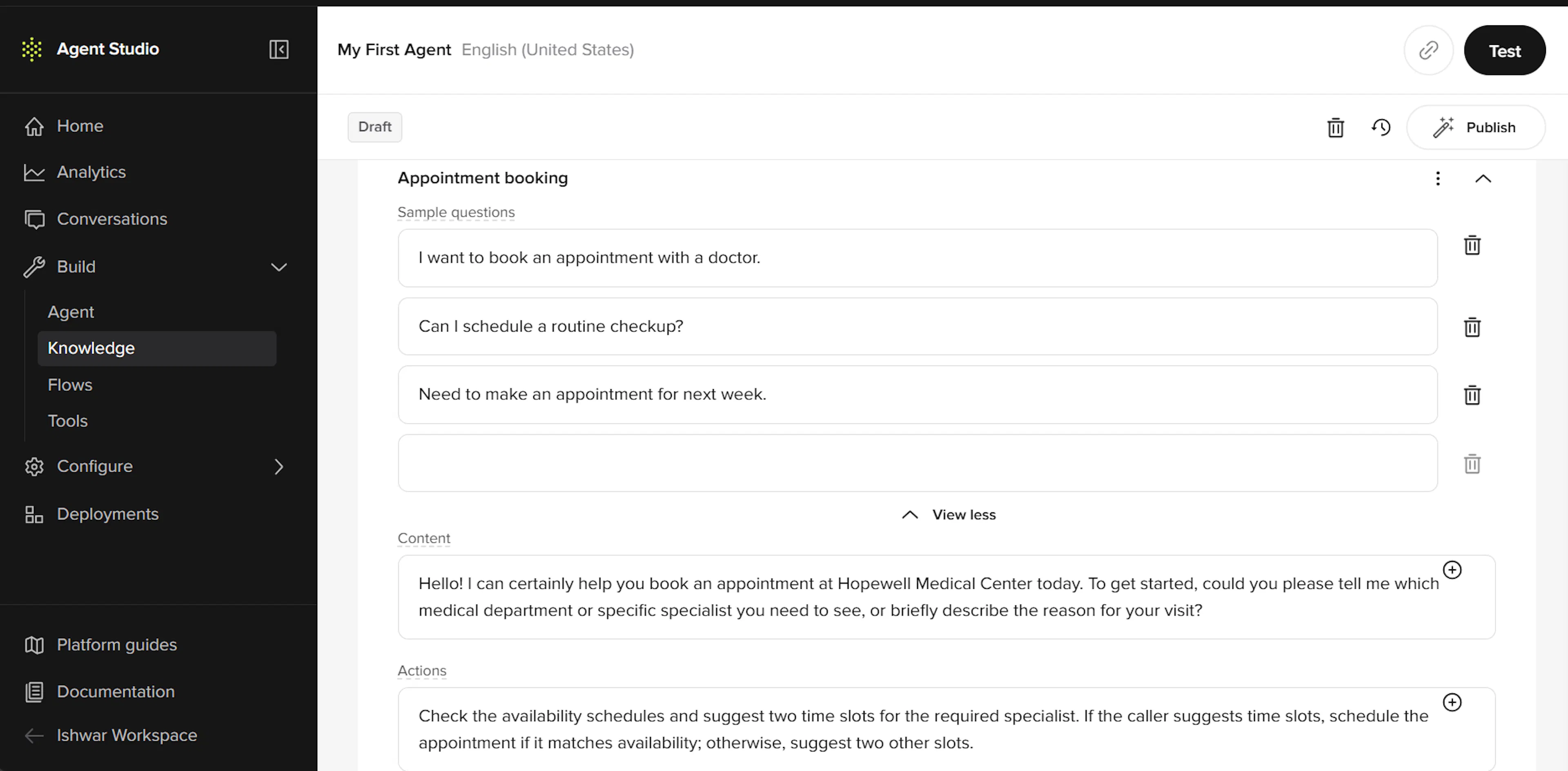 Agent Studio dashboard of PolyAI