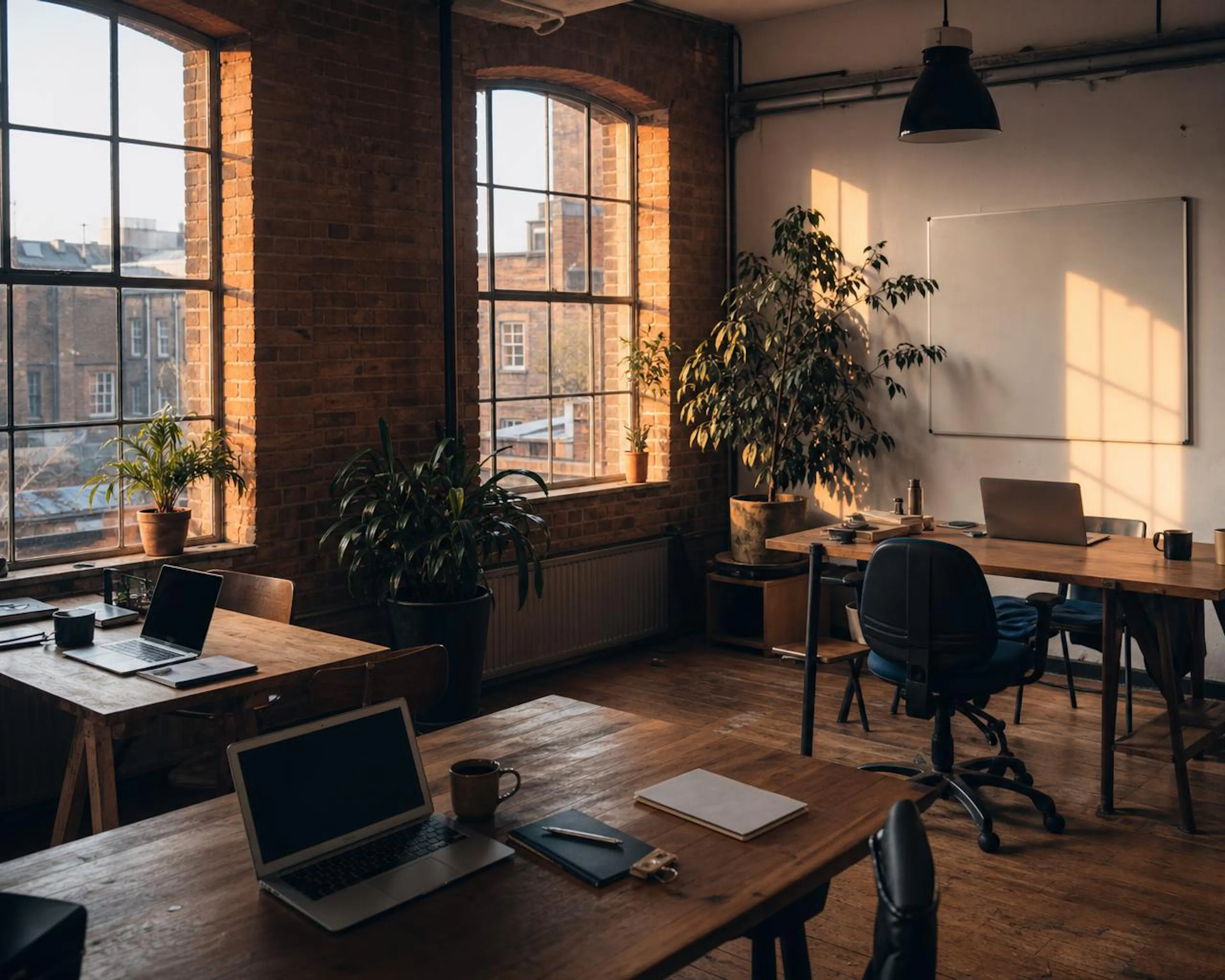 A sunlit office with wooden desks, laptops and plants
