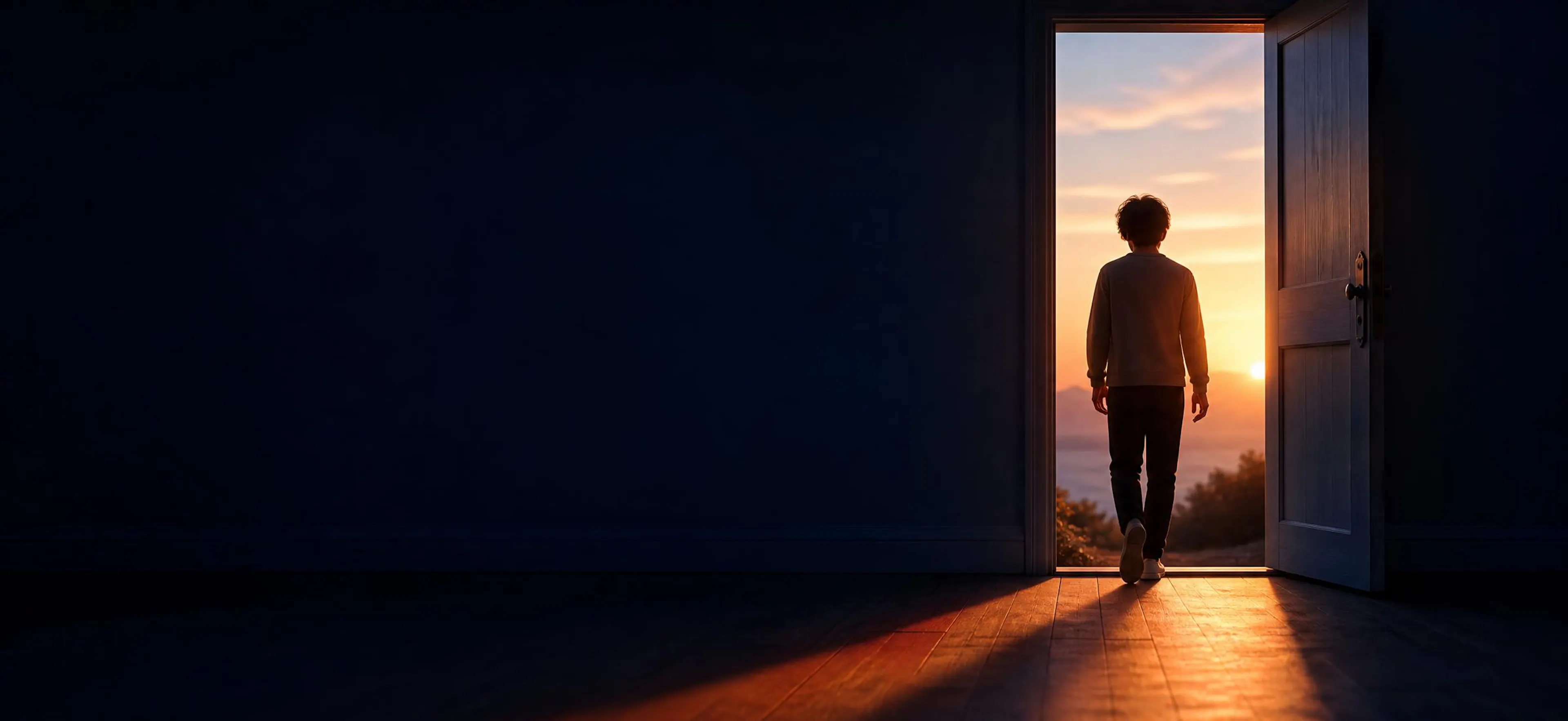 A person stepping through an open doorway into sunrise light