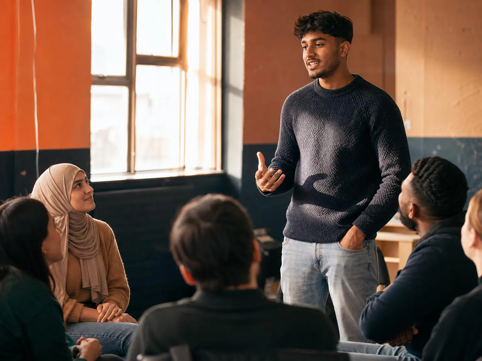 A young man speaking confidently to a small seated group