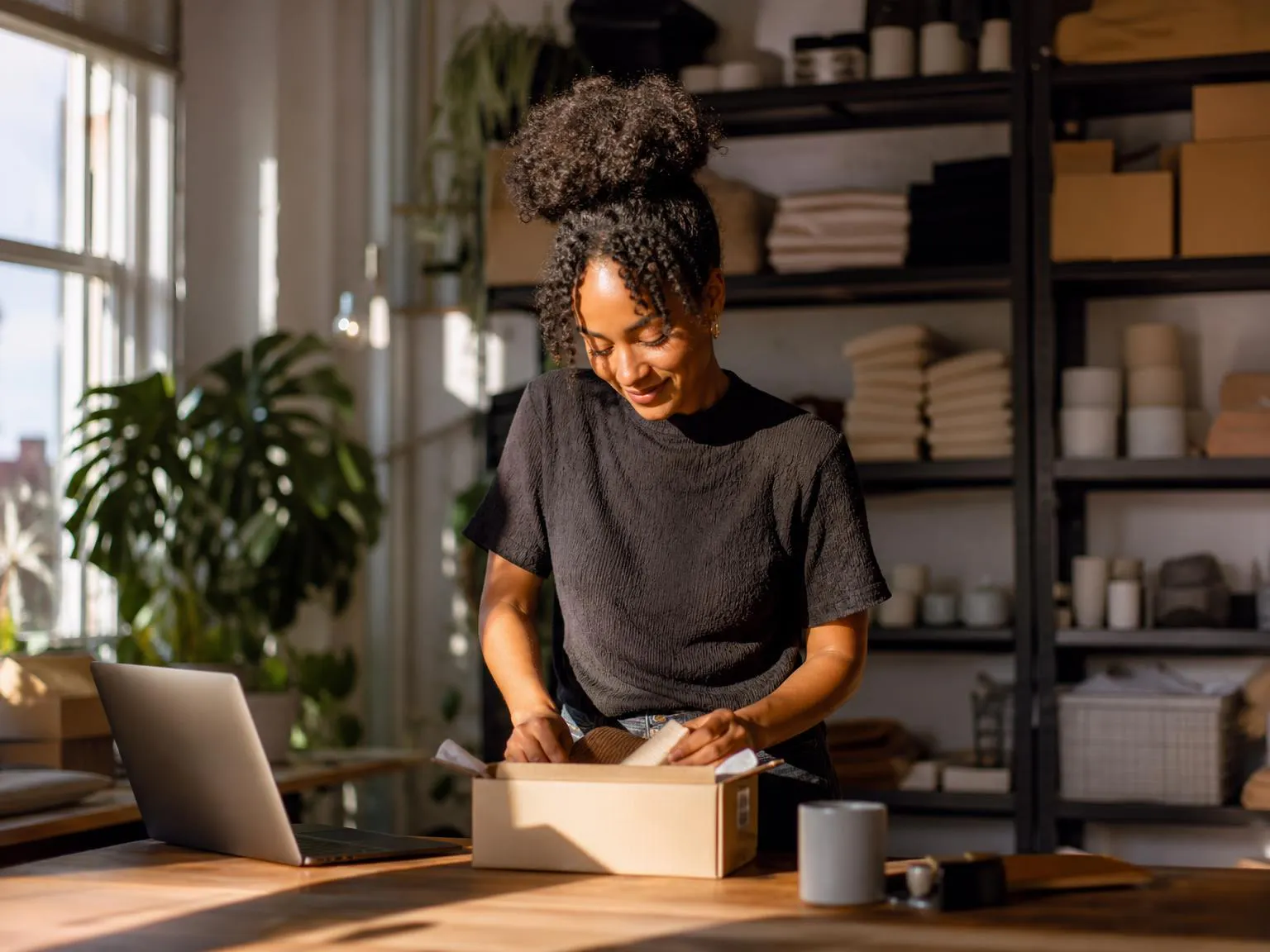 A young business owner packing an order in her studio
