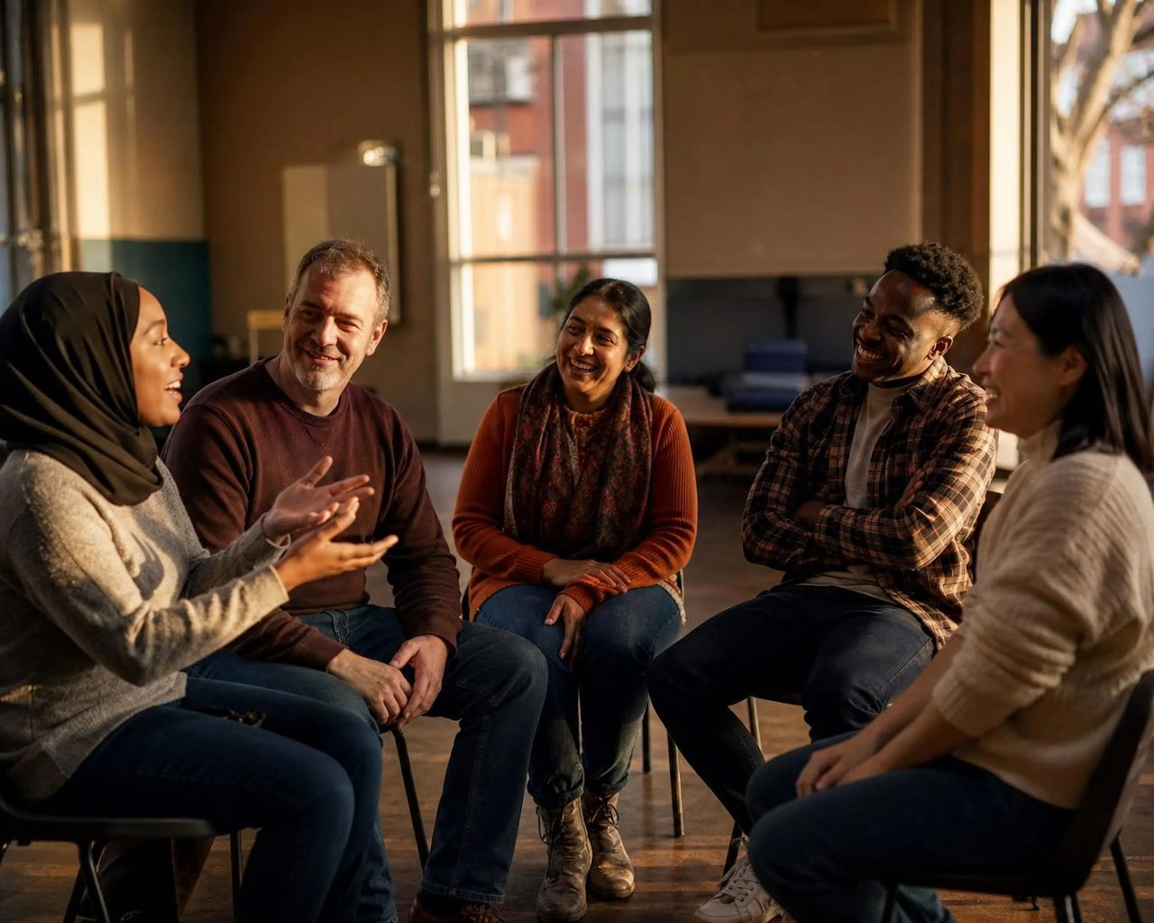 A small group sitting in a circle in a community hall, laughing
