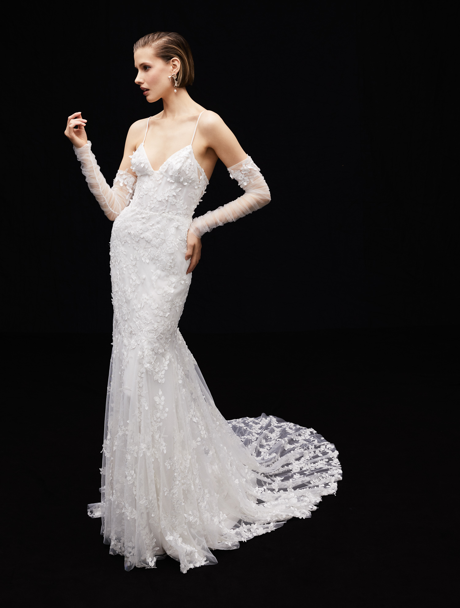 Dakota ballerina neckline sheath gown with 3D floral lace and ruched tulle sleeves, shown from the front.