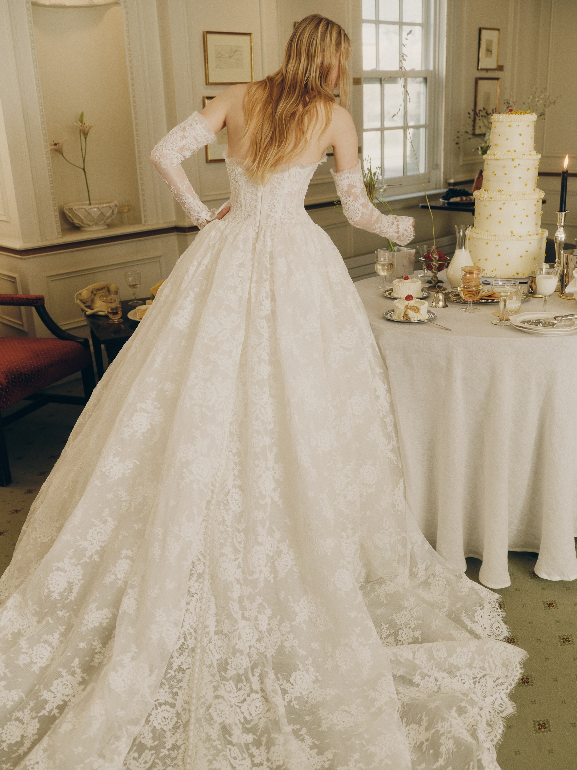 Back view of the Dawes ballgown, showing the diaphanous lace skirt, hoop petticoat, and soft train.