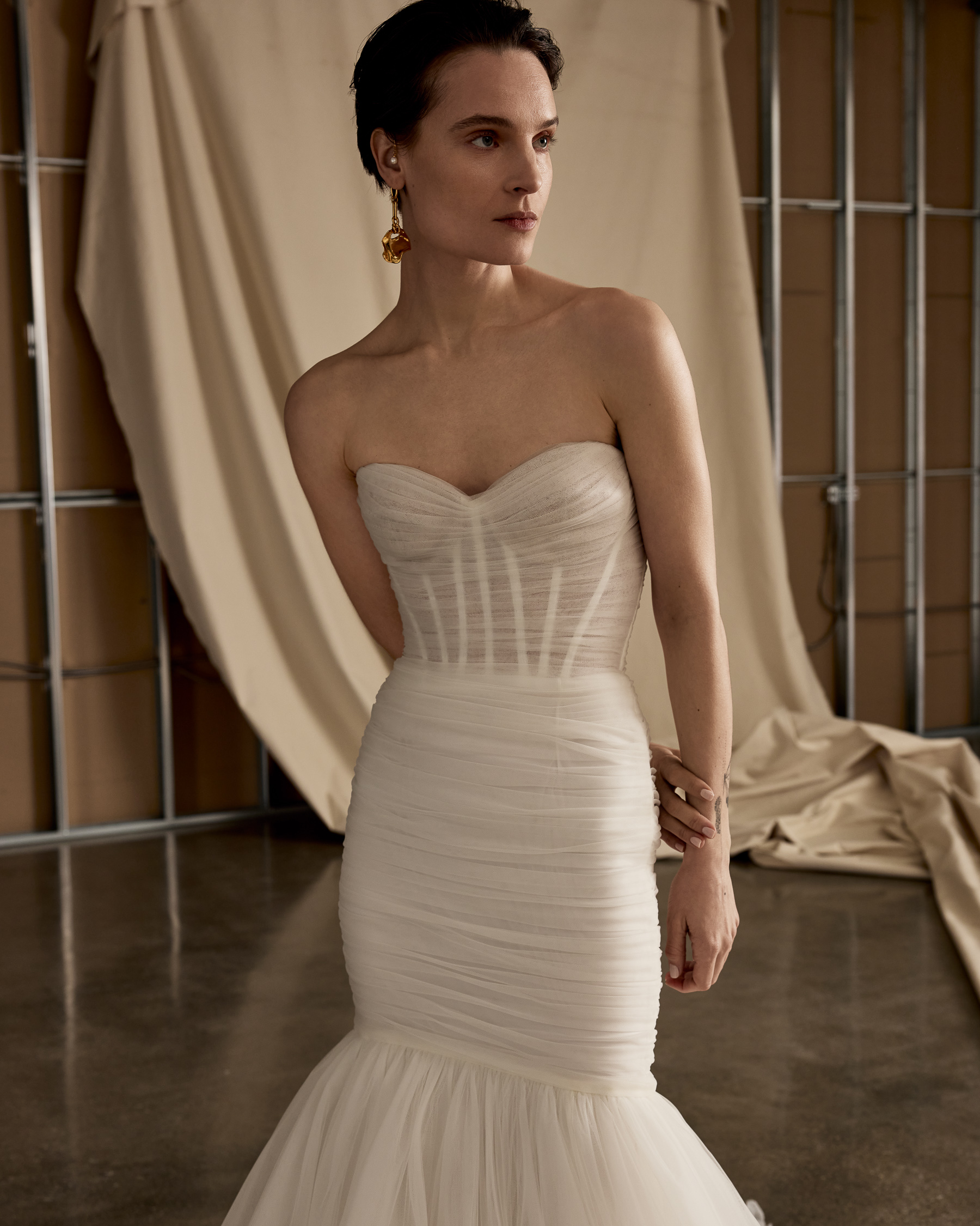 Close-up of Emery gown showing the hand-draped tulle corset and fitted bodice.