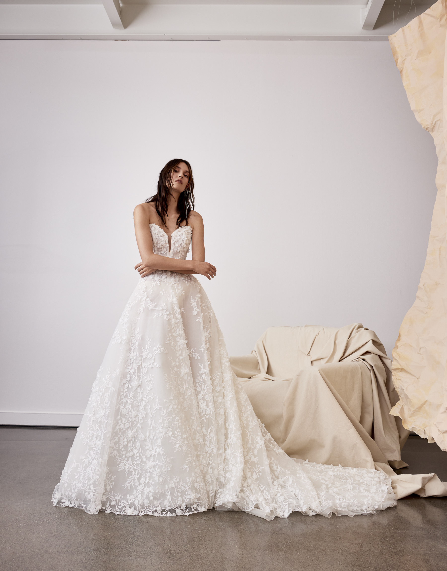 Front view of Rhea sweetheart basque waist ball gown with lace, shimmer tulle, and full skirt.