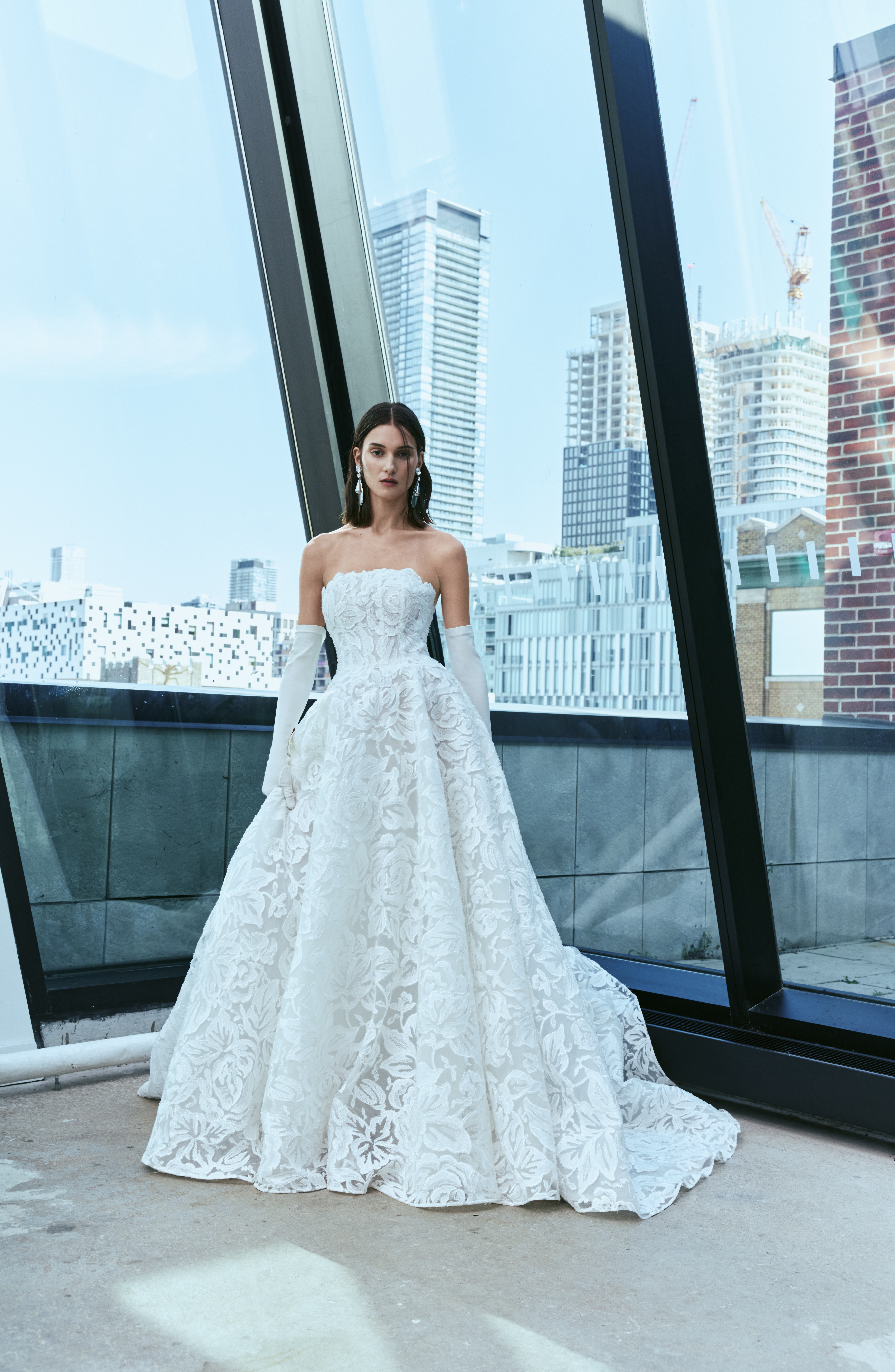 Frankie strapless grand ball gown in beaded embroidered dimensional floral lace, shown from the front.