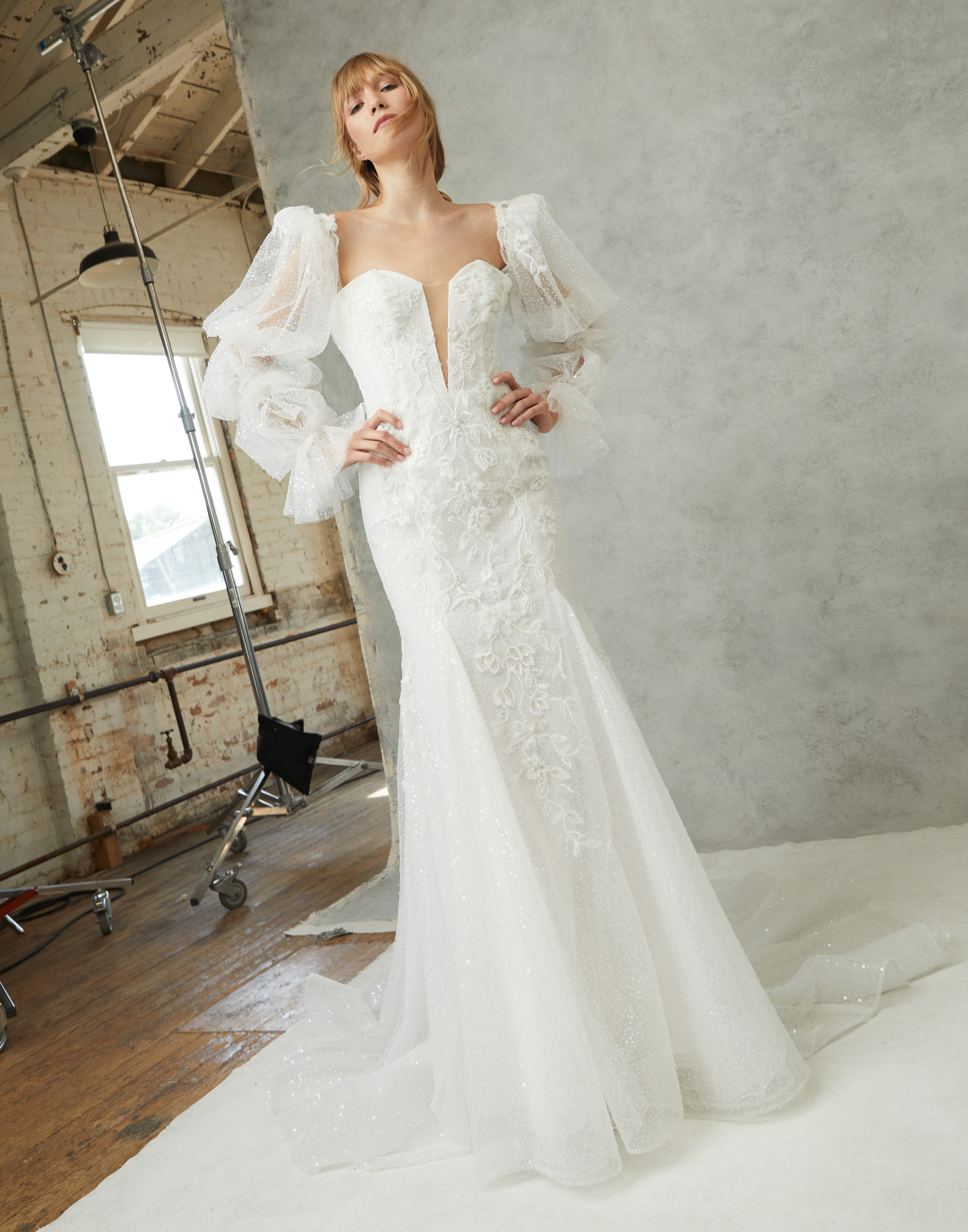 Eloise strapless sweetheart fit-and-flare gown with beaded tulle and detachable puff sleeves, shown from the front.