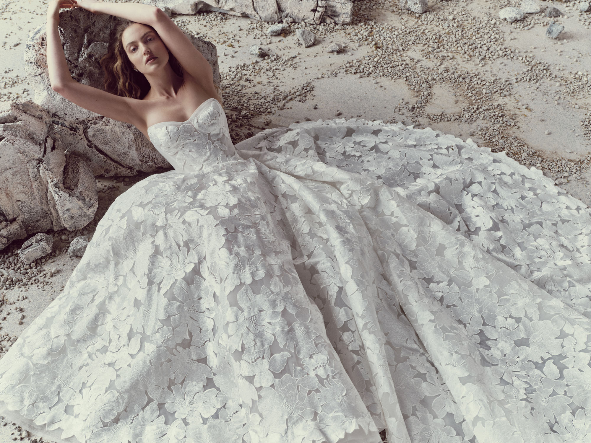 Close-up of Fiora showing the micro-tulle draped corset bodice and hand-embroidered floral lace.
