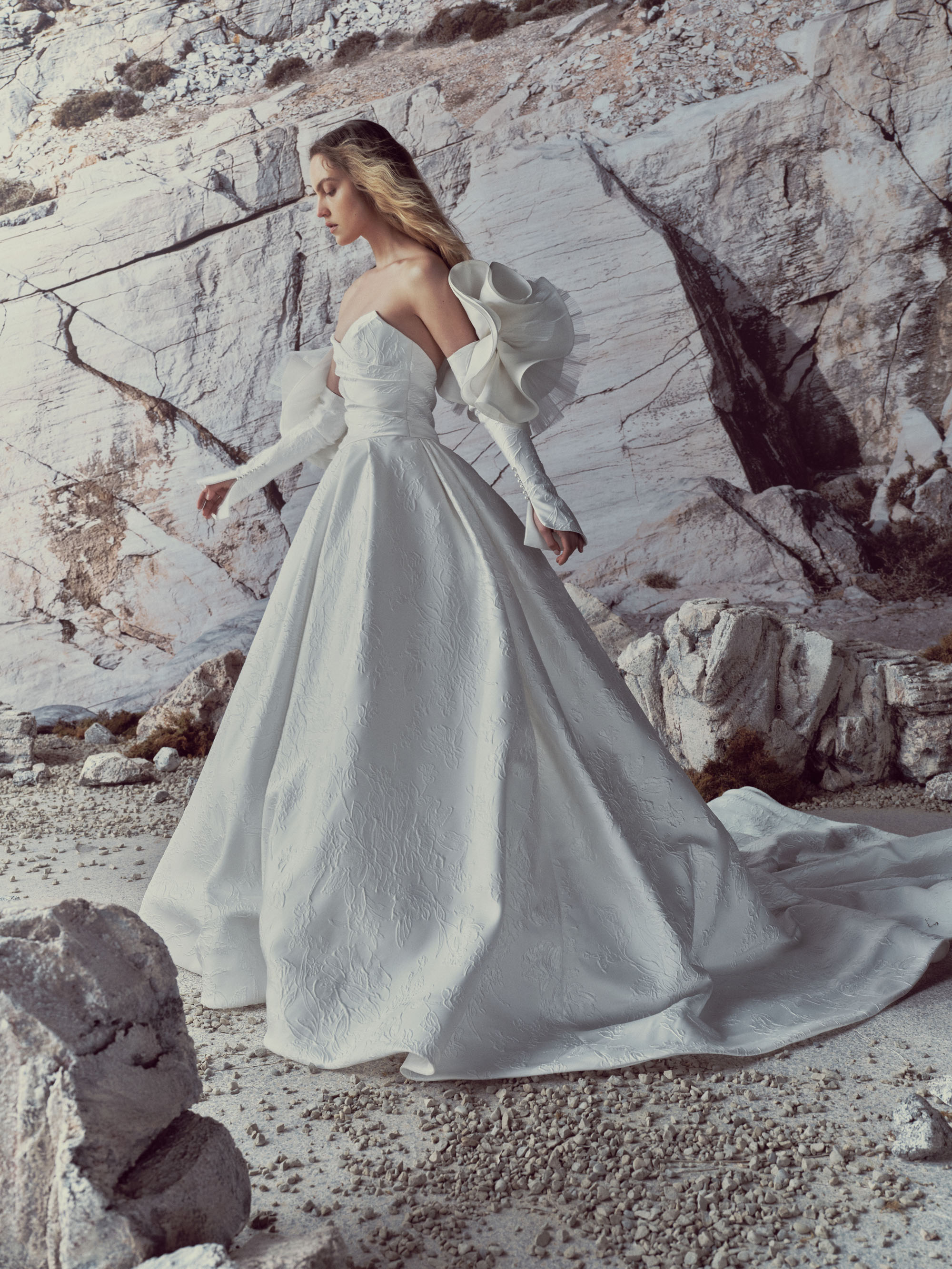 Full view of Briar showing the draped jacquard bodice, detachable sculptural sleeves, and voluminous pleated skirt.