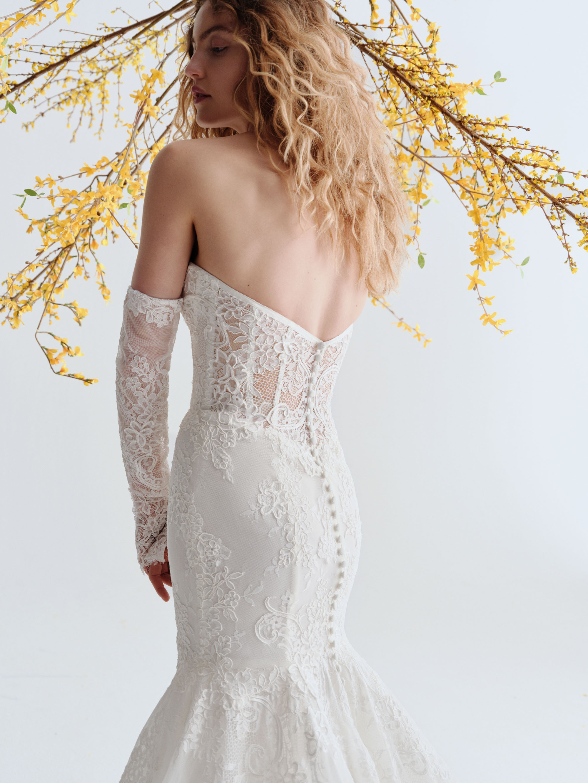 Close-up of Arden showing the basque-waist corset bodice, corded lace, and detachable sleeves.