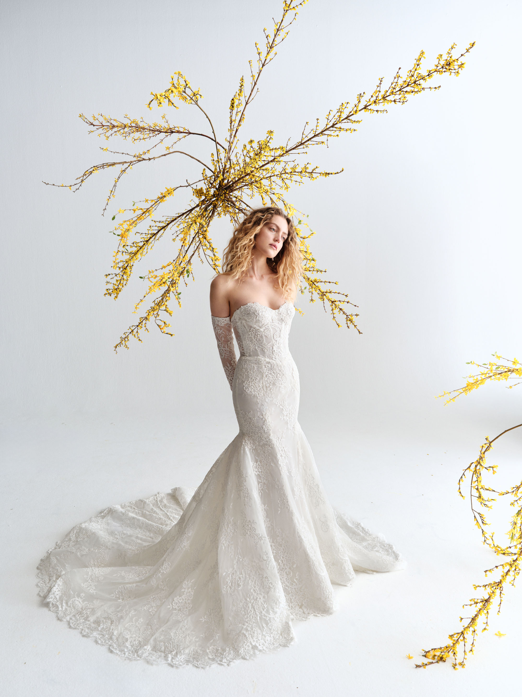 Arden Alyne SS27 fit-and-flare sheath gown in corded ribbon-edged lace with a basque-waist corset bodice and detachable sleeves, shown from the front.