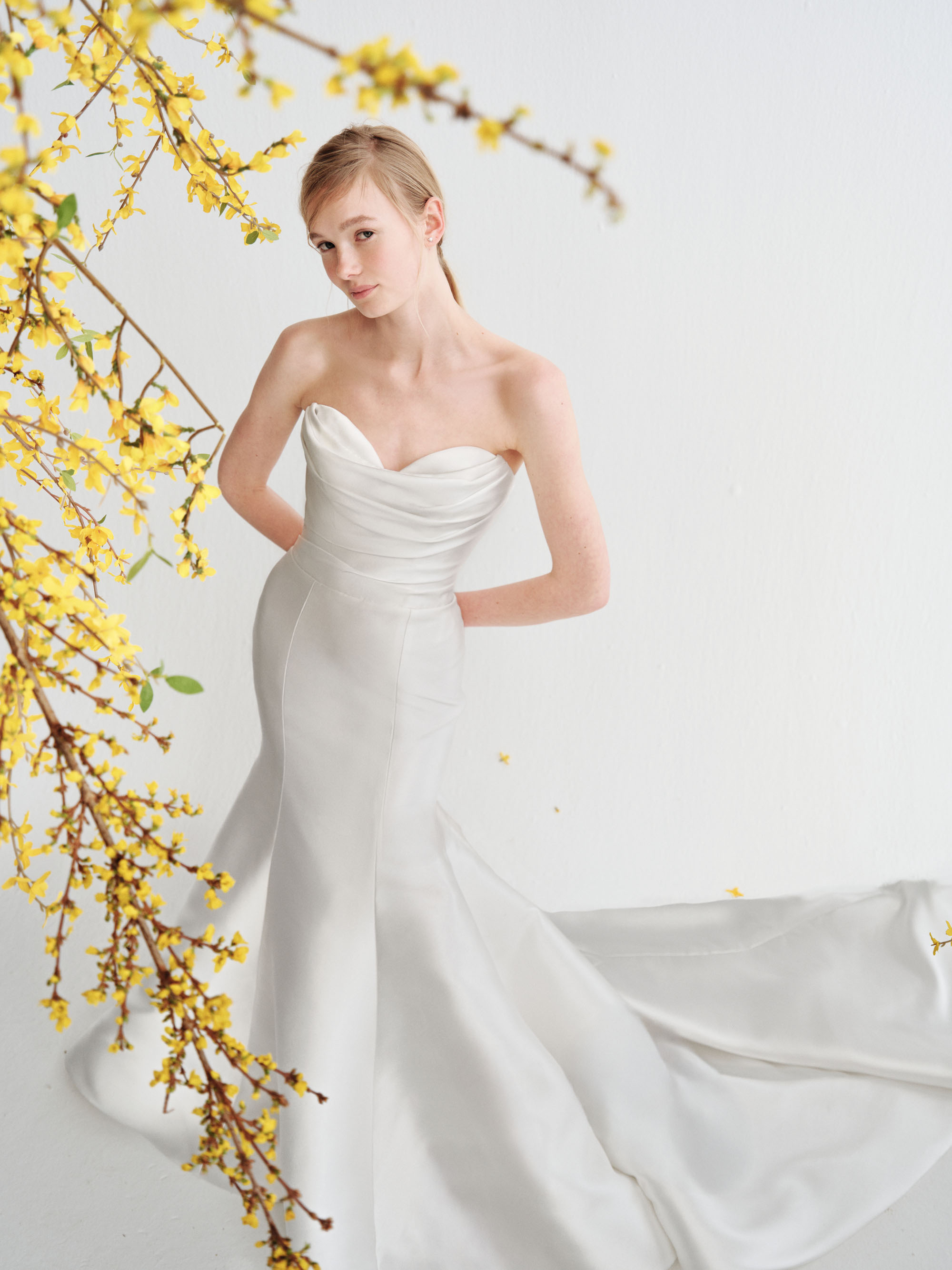 Harlow Alyne SS27 strapless mikado fit-and-flare gown with a draped sweetheart bodice and dramatic flared skirt.