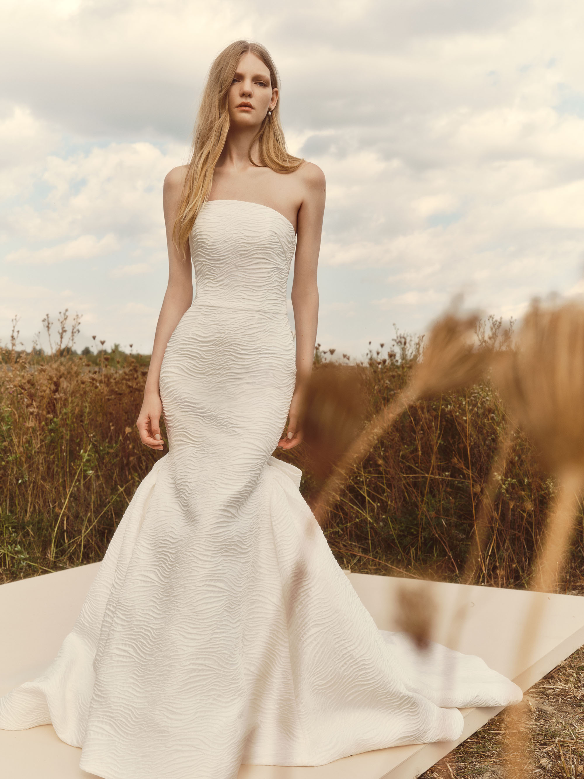 Dew Alyne FW26 strapless floral brocade fit-and-flare gown with softly draped bodice and full gathered skirt, shown from the front.