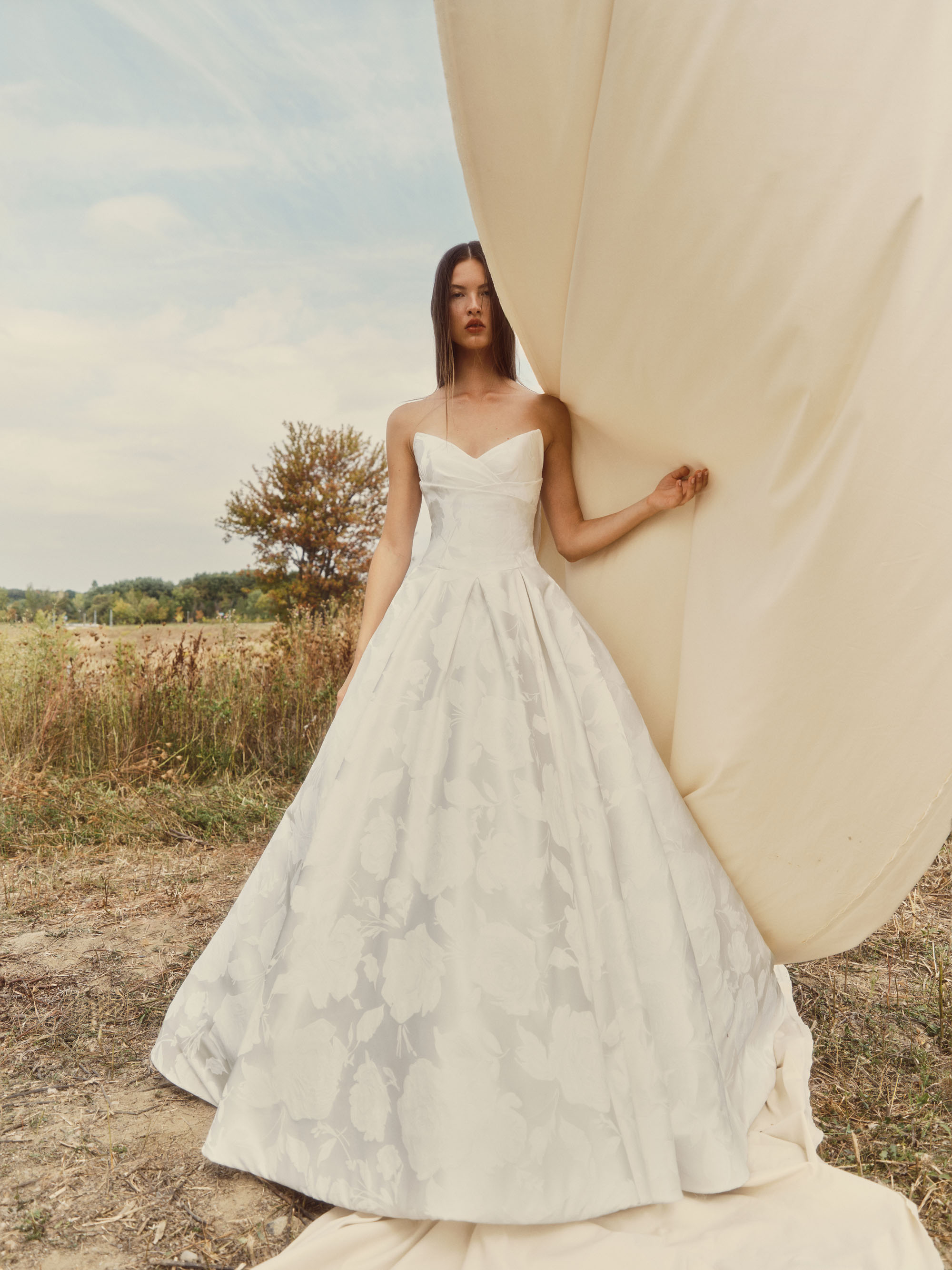 Velour strapless V-neck ball gown in textured jacquard with pleated draped bodice, wrapped midriff, and voluminous skirt, shown from the front.