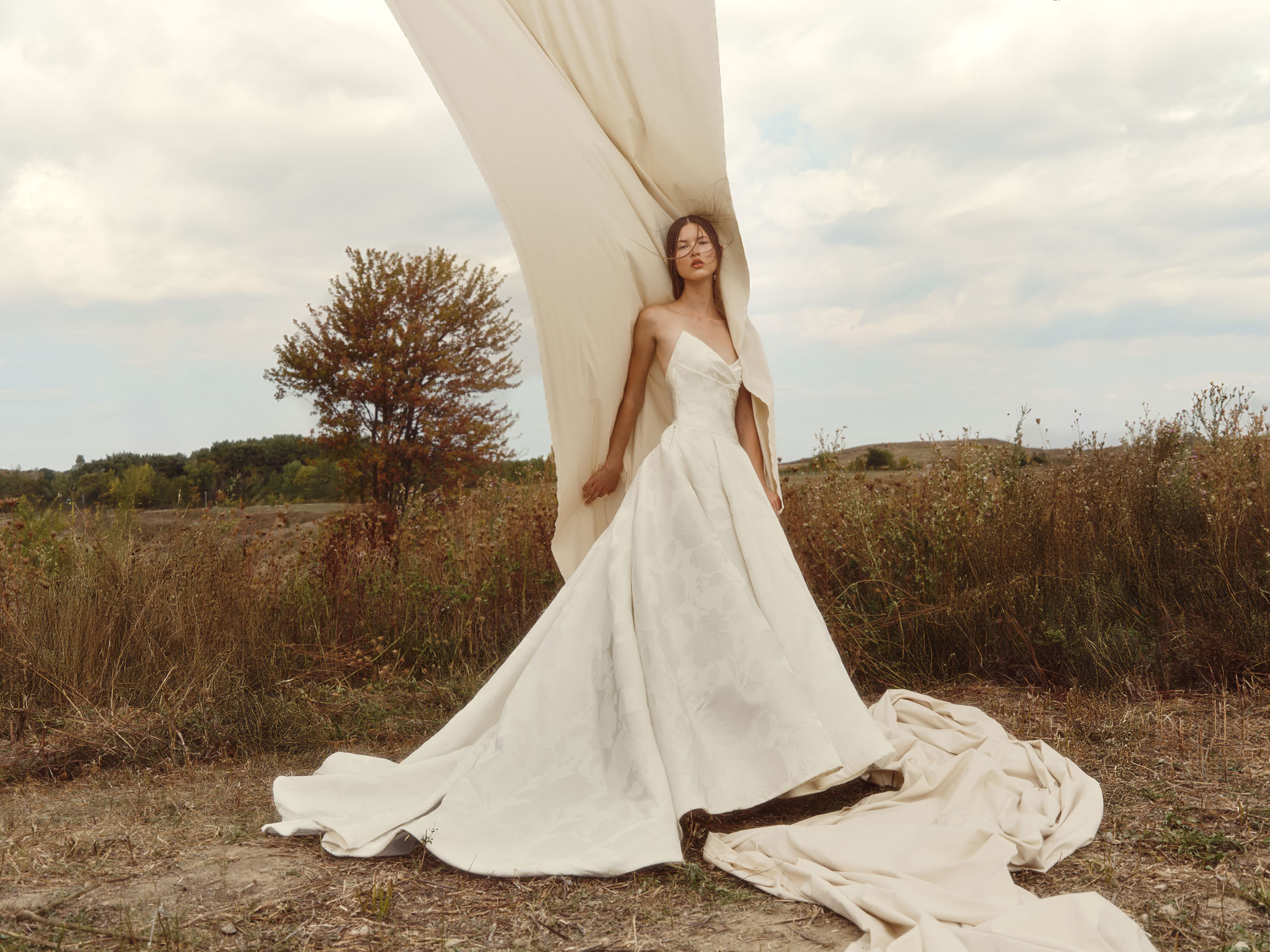 Full view of Velour textured jacquard ball gown with a softly wrapped midriff, sculptural pleated skirt, and flowing train.