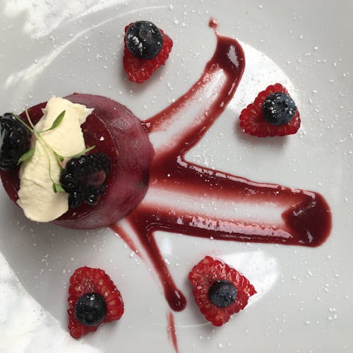 A forest fruits desert, coulis and clotted cream