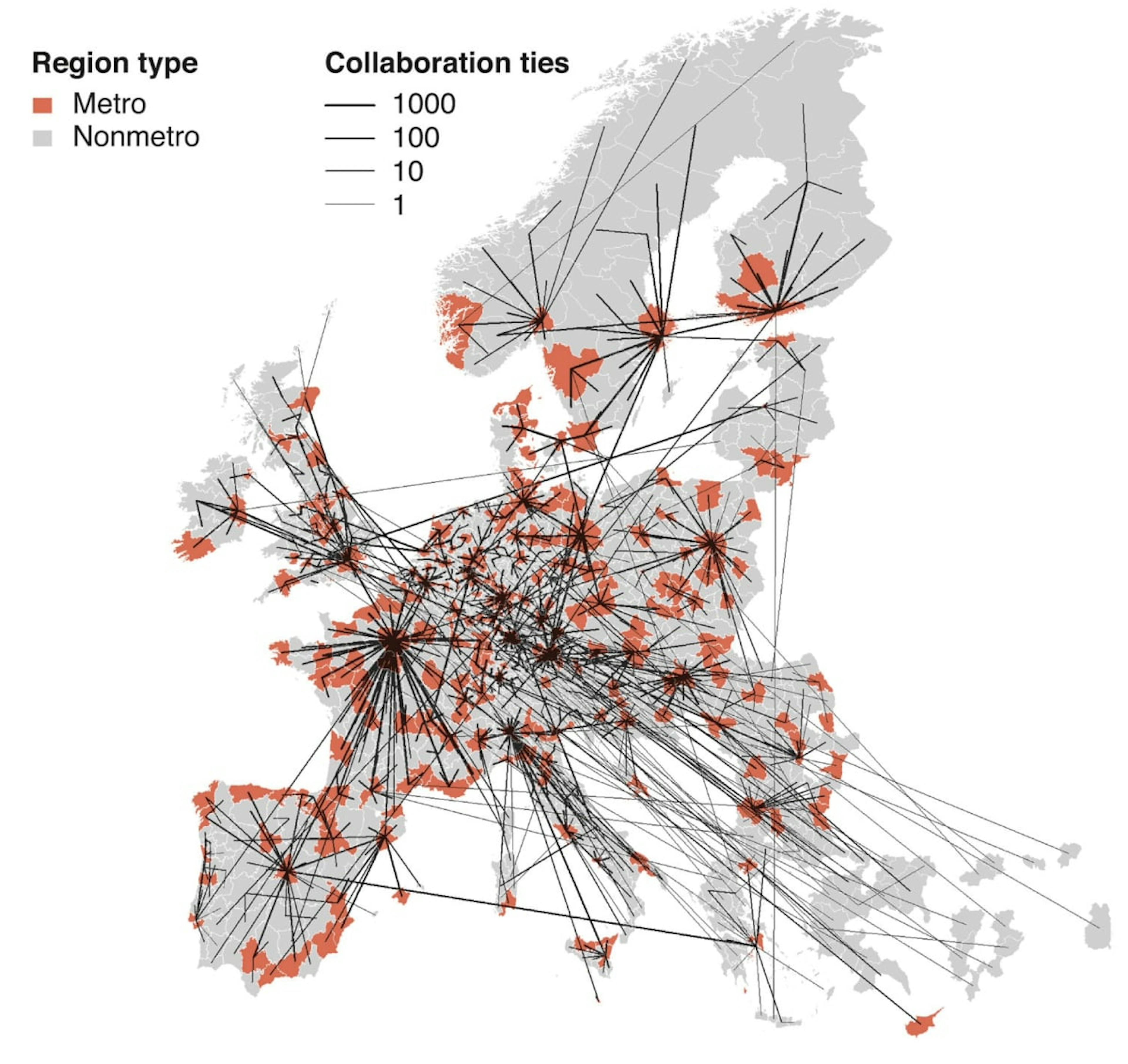 Map of Europe that outlines the backbone of interregional co-inventor networks over the period 1981-2015.