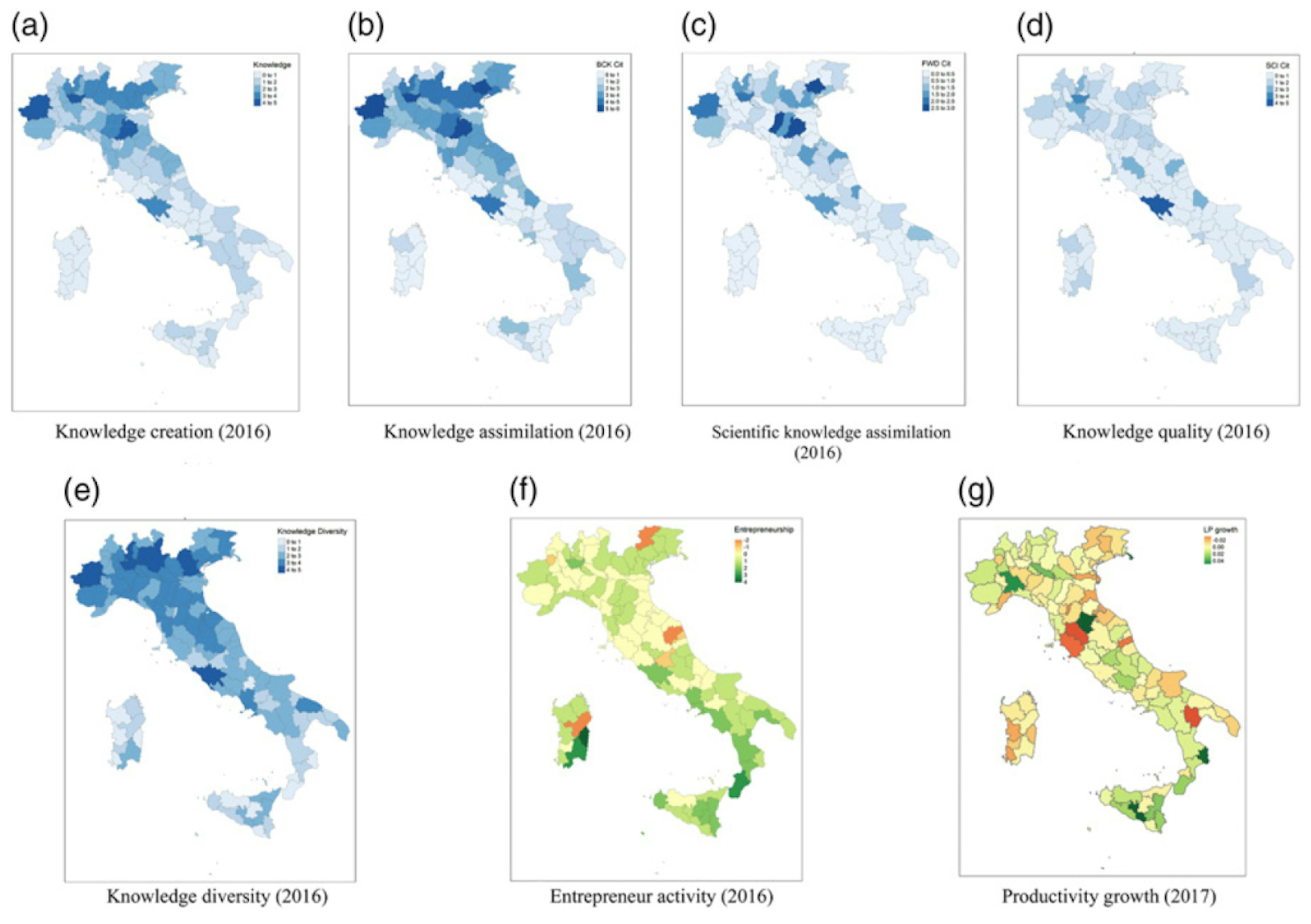 Italian regions knowledge capabilities and entrepreneurial activity in 2016 and productivity growth in 2017.