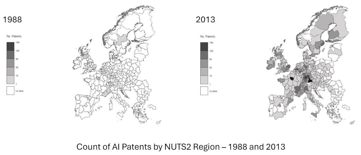 Maps illustrating the count of AI patents by NUTS2 regions in 1988 and 2013.